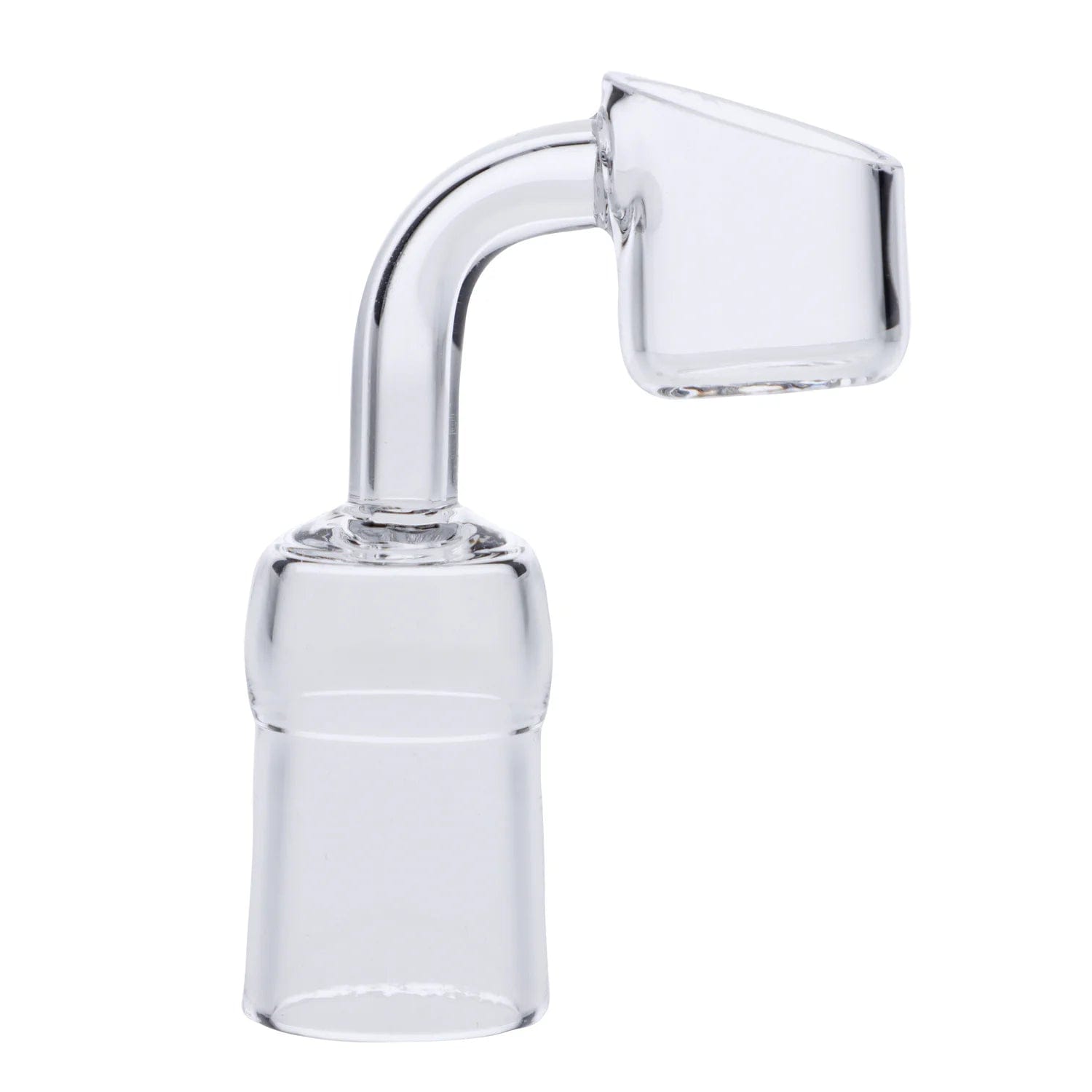 A close-up, angled view of the 10mm Female Quartz Banger, showcasing its clear quartz construction and shallow dish.