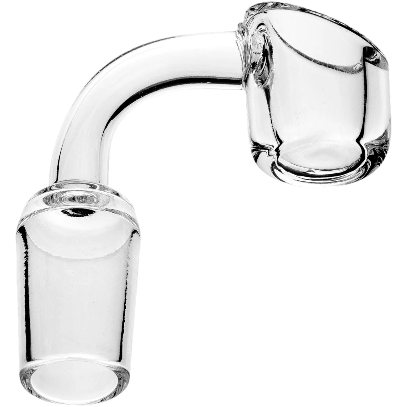 A close-up, angled view of the Male Angled Quartz Banger Nail, showcasing its clear quartz construction and curved design.