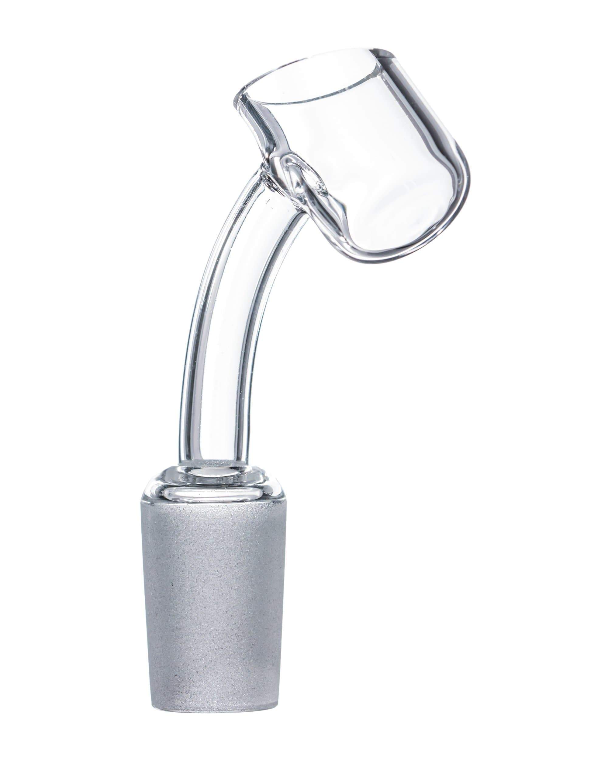 A close-up, angled view of the 45 Degree 2mm Male Quartz Banger Nail - 18mm, showcasing its clear quartz construction.