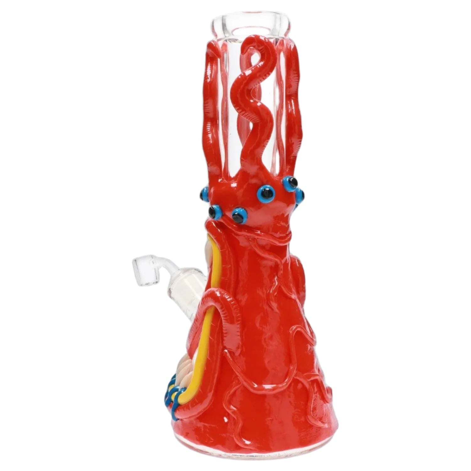Front three-quarter view of the 13-inch Clay Monster Beaker Bong showing a glossy red tentacled design with blue eye accents against a white background