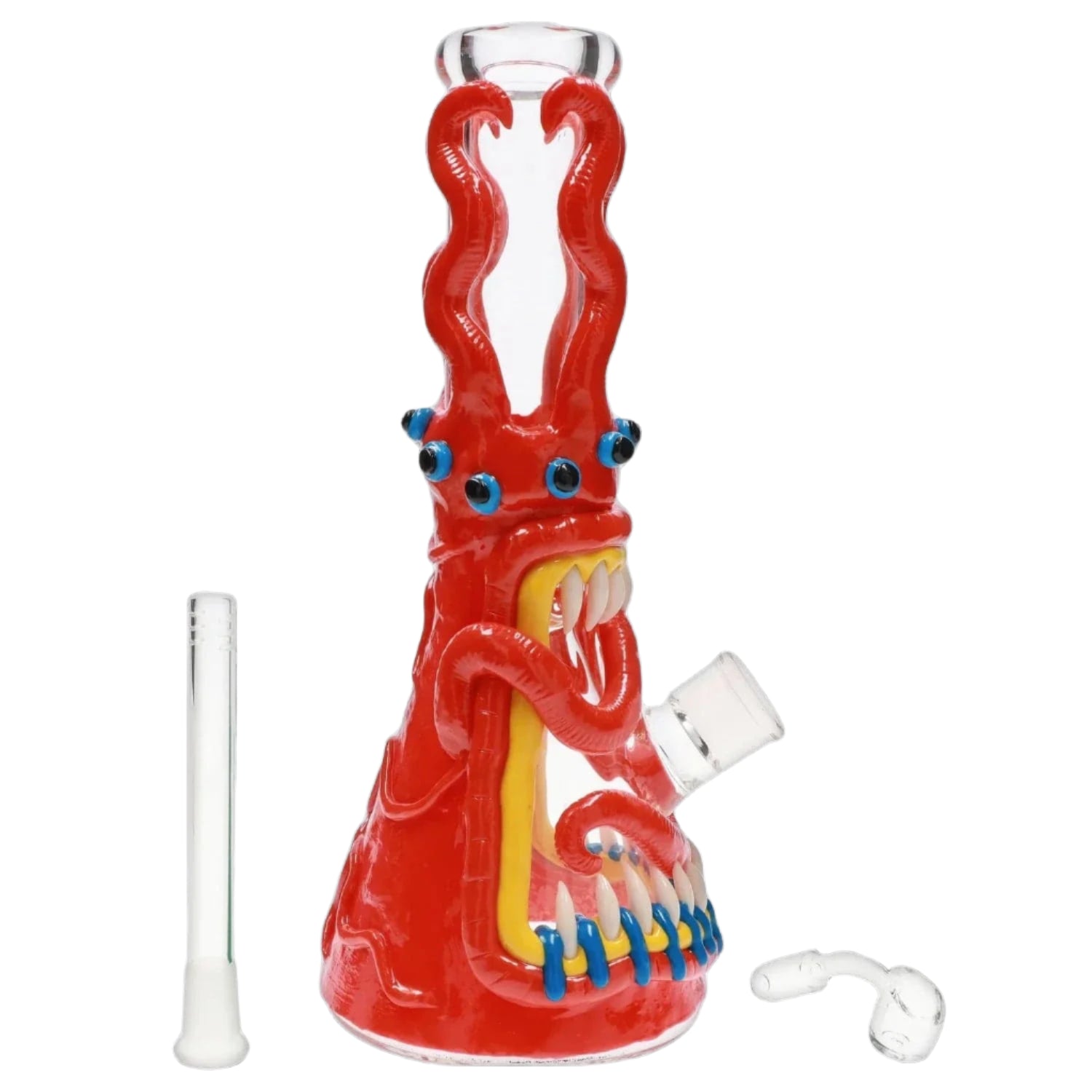 Close-up front view of the 13-inch Clay Monster Beaker Bong showing a red monster face with blue eyes, yellow teeth, and two tall curled horns.