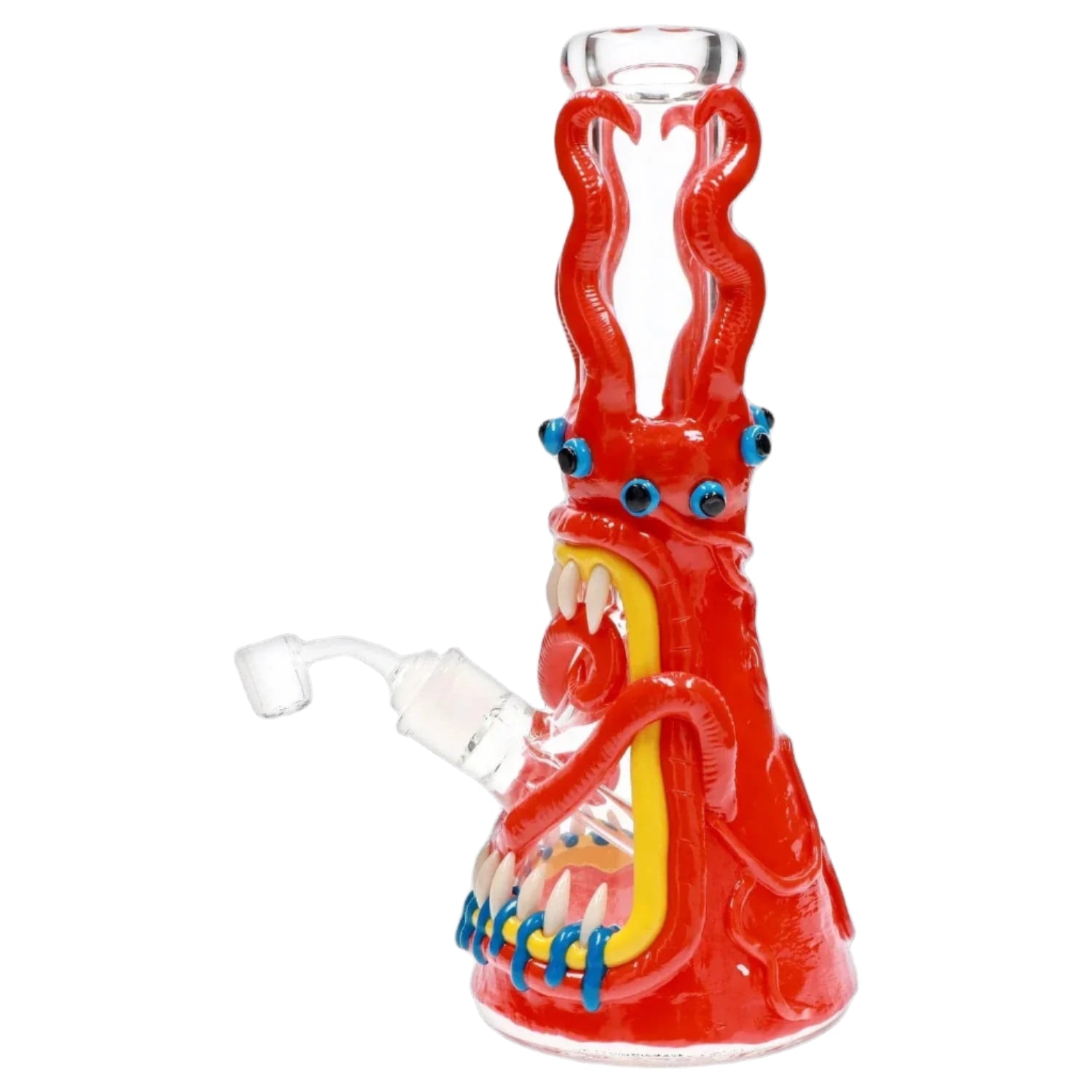 Close-up front view of the 13-inch Clay Monster Beaker Bong showing a red monster face with blue eyes, yellow mouth rim, and upward curling tentacles.