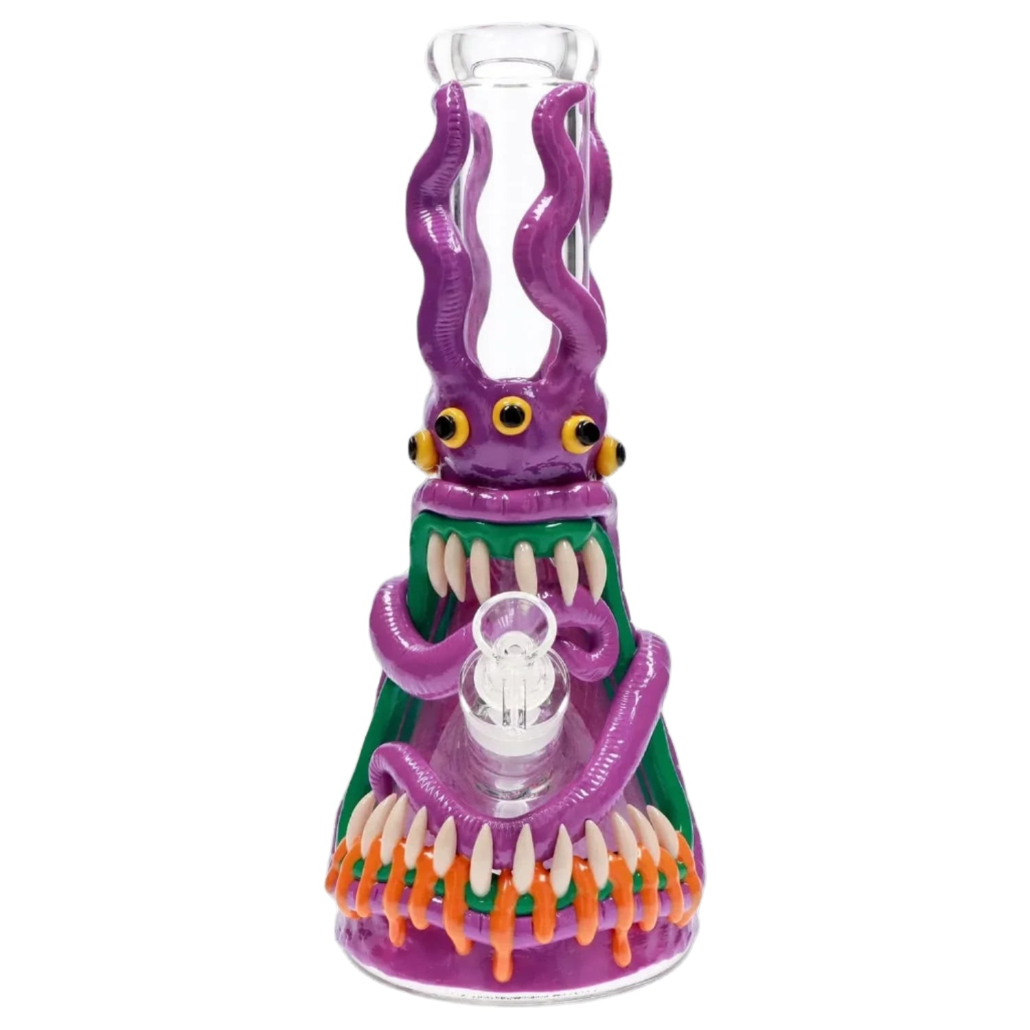 Front view of the 13-inch Clay Monster Beaker Bong showing a purple tentacled creature mouth with yellow eyes and rows of sharp teeth.
