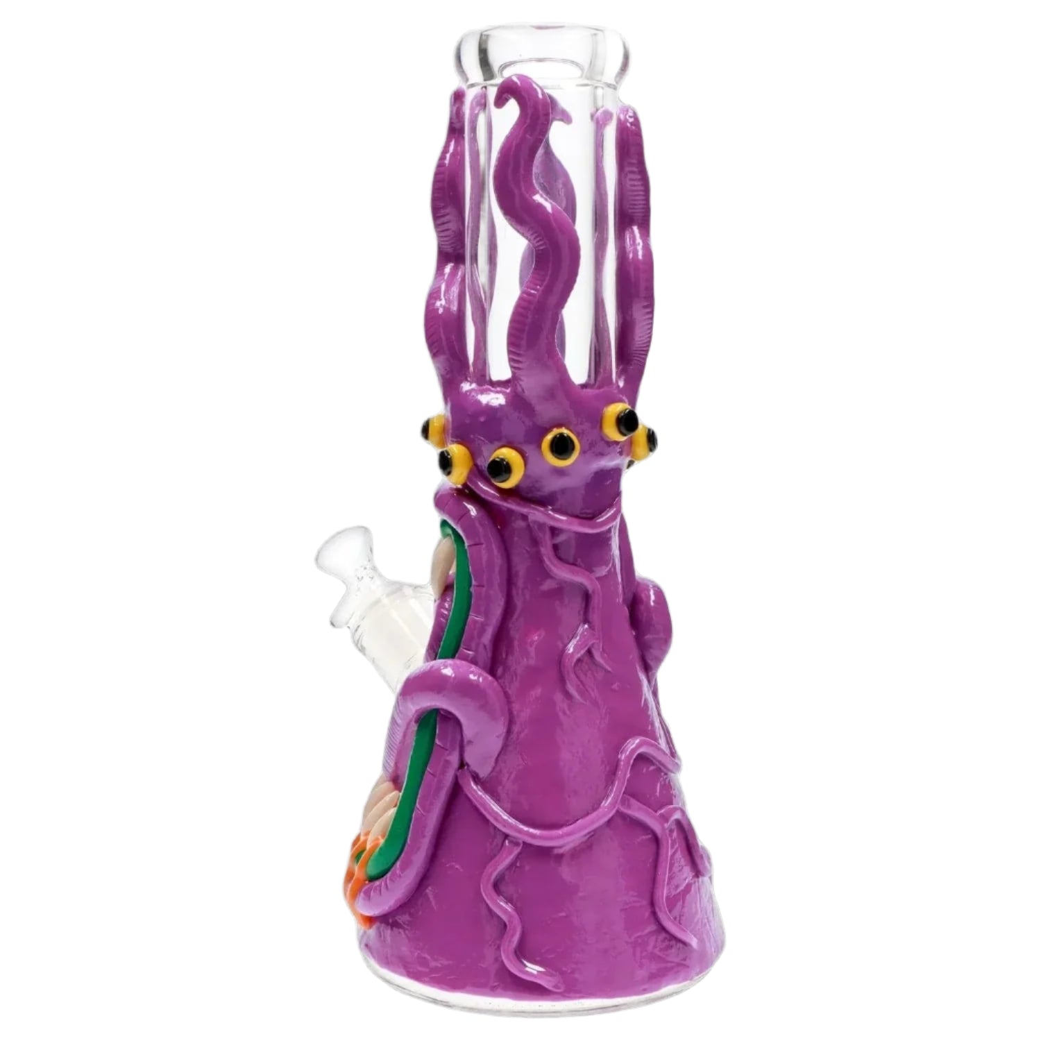 Close-up front view of the 13-inch Clay Monster Beaker Bong showing its purple tentacle texture, yellow eye accents, and clear glass mouthpiece.