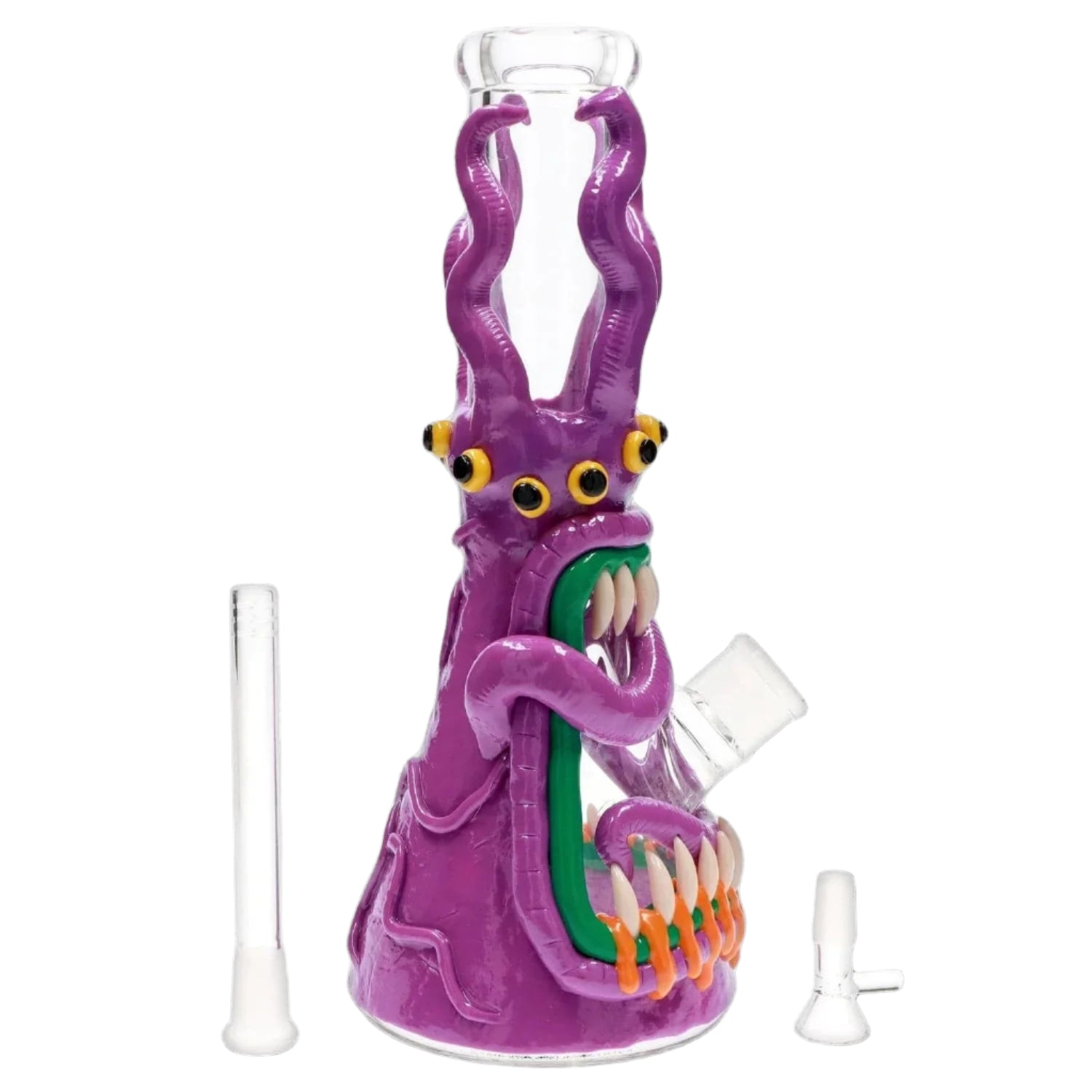 Close-up front view of the 13-inch Clay Monster Beaker Bong showing a purple tentacled monster mouth with yellow eyes and sharp teeth against a white background.