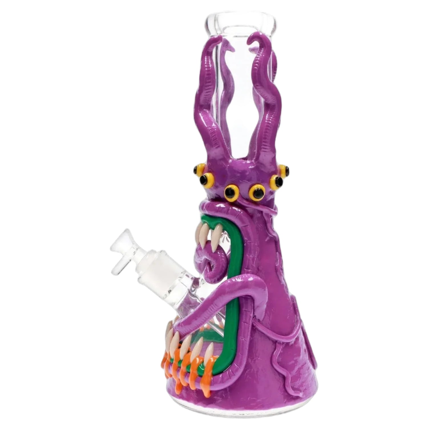 Three-quarter view of the 13-inch Clay Monster Beaker Bong showing a purple tentacled creature with yellow eyes, green mouth trim, and exposed glass joint.
