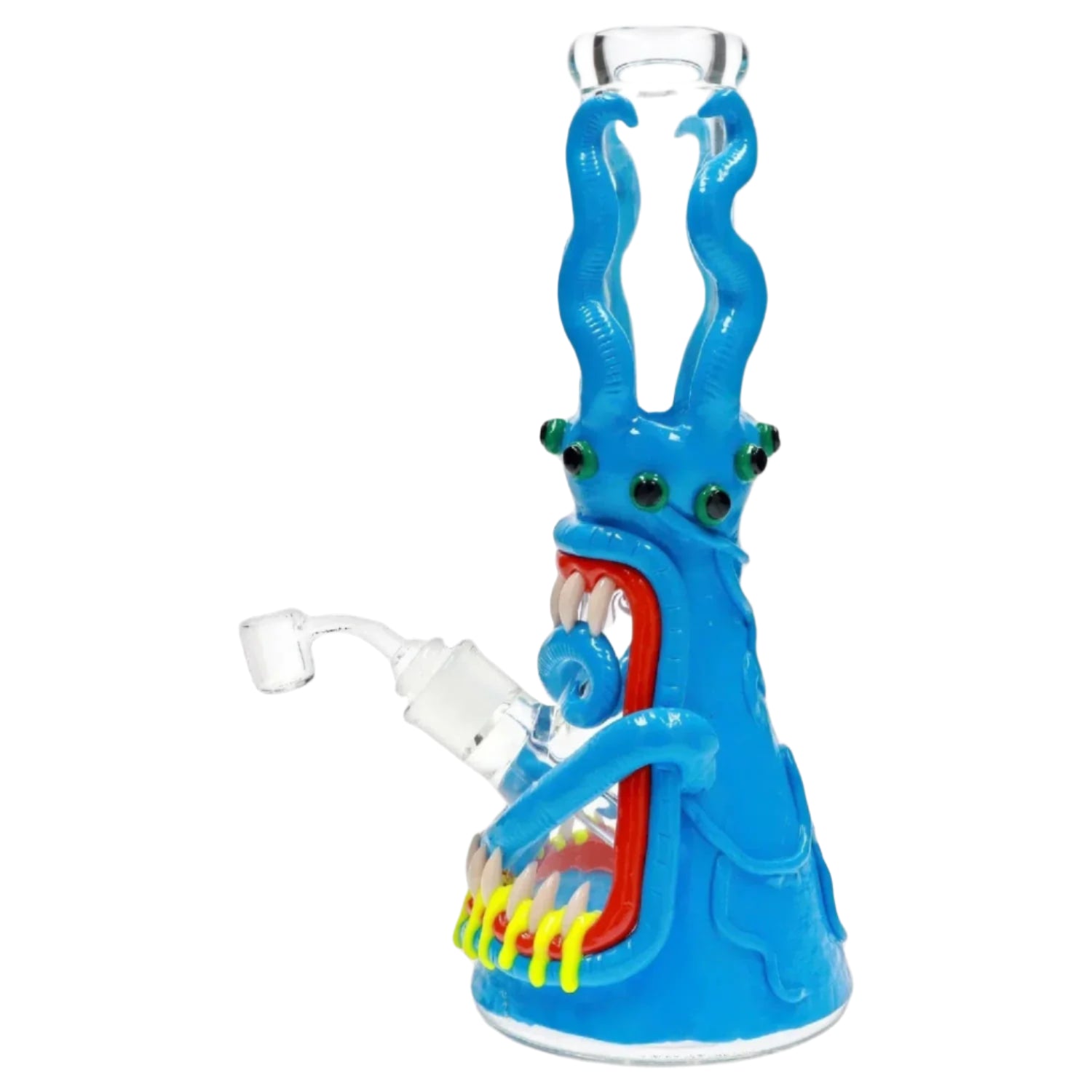 Close-up front view of the 13-inch Clay Monster Beaker Bong showing a blue monster face with green eyes, red mouth rim, yellow teeth and twin horn-like necks on a white background.