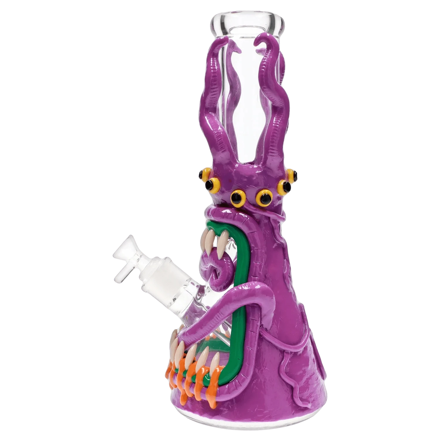 Three-quarter view of the 13-inch Clay Monster Beaker Bong showing a purple tentacled monster mouth with yellow eyes and exposed glass joint.