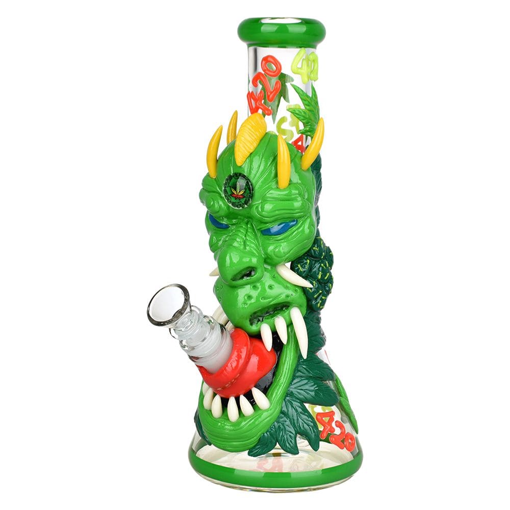 Front view of the 420 Dragon Glow in Dark Beaker Water Pipe, featuring a green dragon design on a clear glass beaker base.