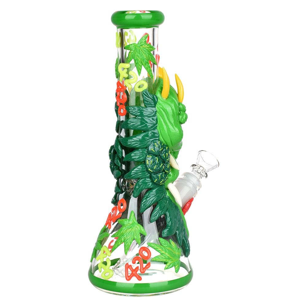 Front view of the 10-inch 420 Dragon Glow in Dark Beaker Water Pipe, featuring a sculpted dragon design around the clear glass beaker.