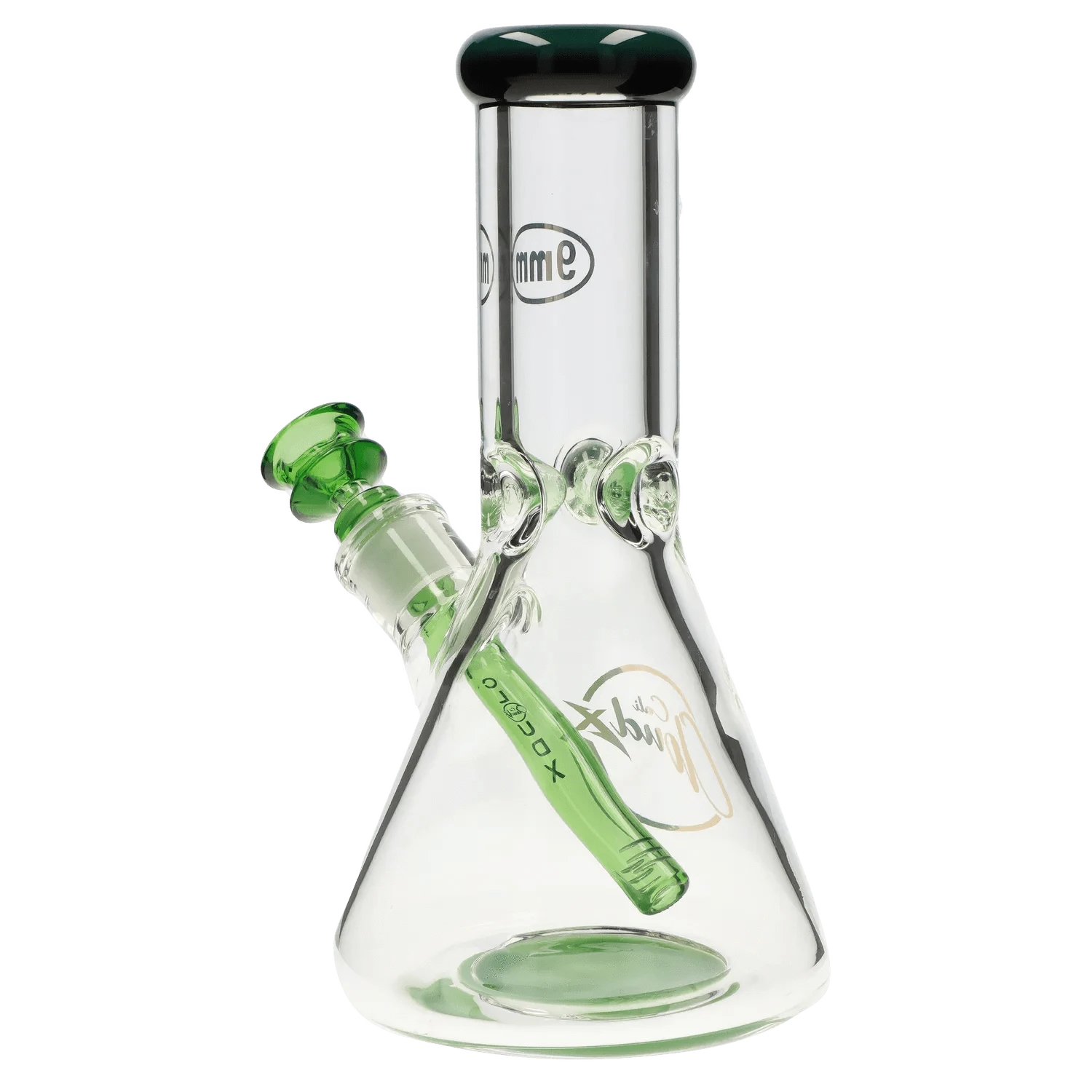 Angled close-up of the 7mm 12-inch Colored Mouthpiece Beaker showing its green glass mouthpiece and downstem against a white background.