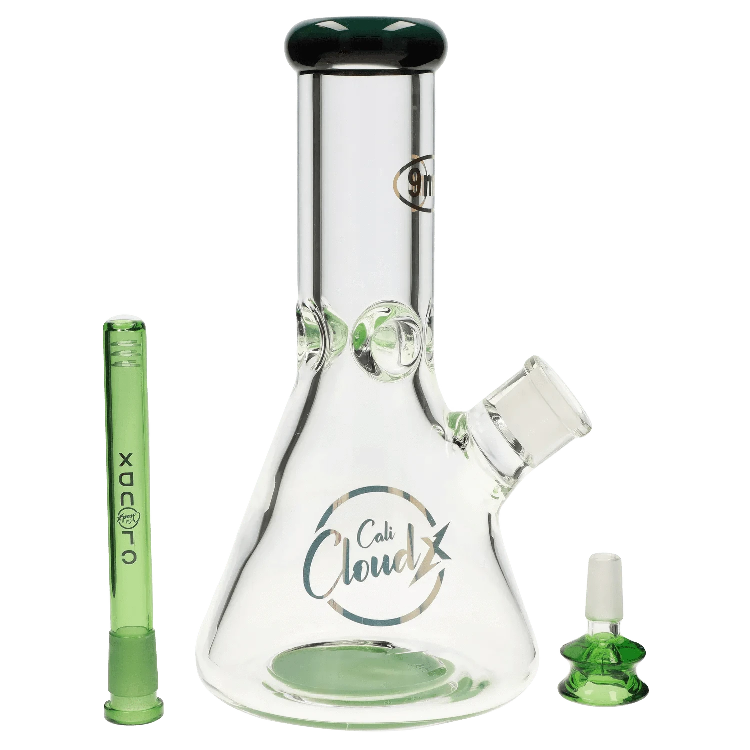 Front-facing view of the 7mm 12-inch Colored Mouthpiece Beaker showing its clear beaker body with a black-rimmed mouthpiece, green accents, and two matching green accessories.