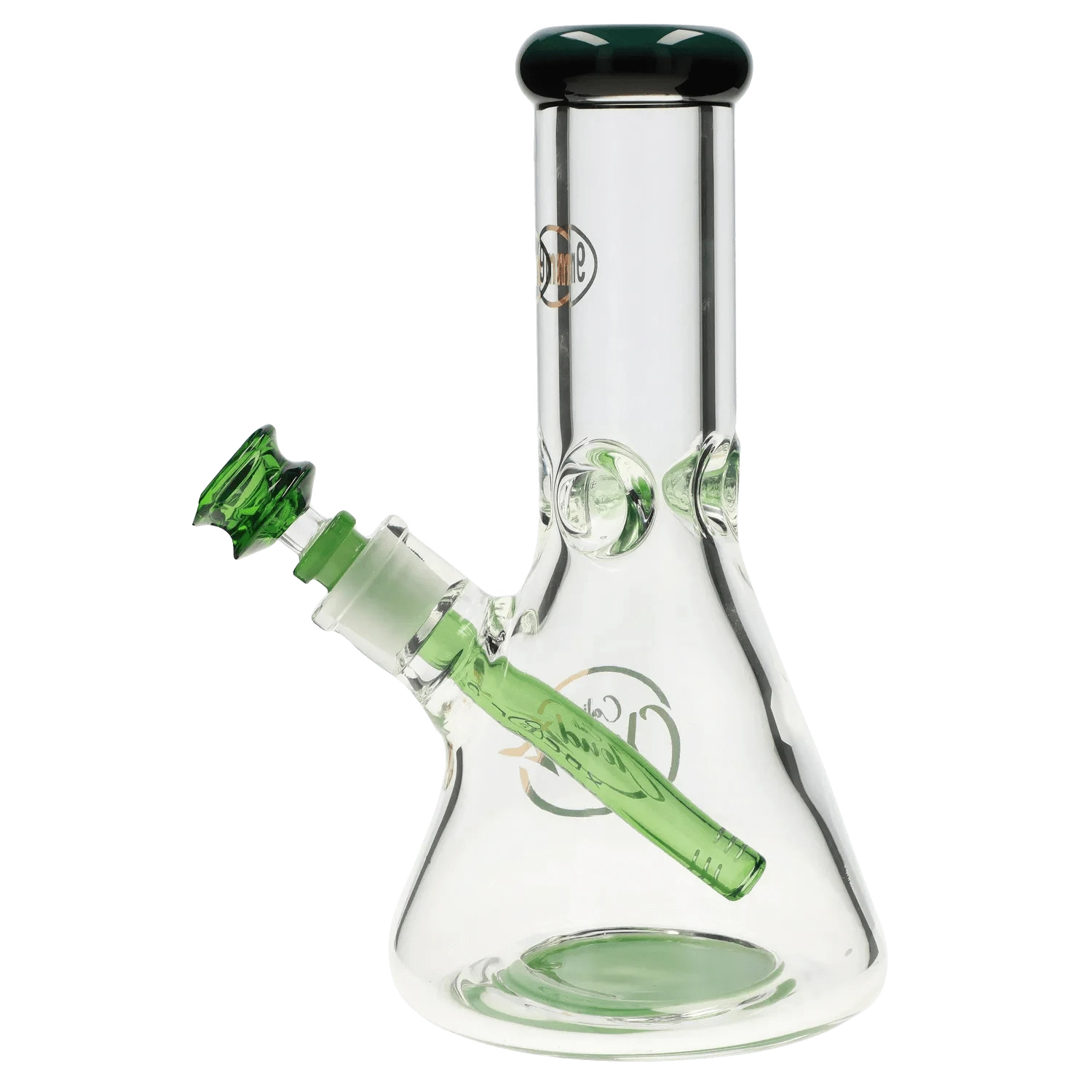 Angled close-up of the 7mm 12-inch Colored Mouthpiece Beaker showing its green-tinted downstem and rim against a white background