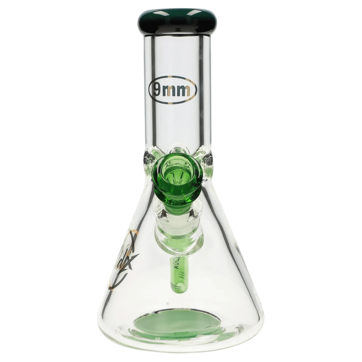 Front view of the 7mm 12-inch Colored Mouthpiece Beaker showing a clear glass beaker with a green colored mouthpiece and downstem.