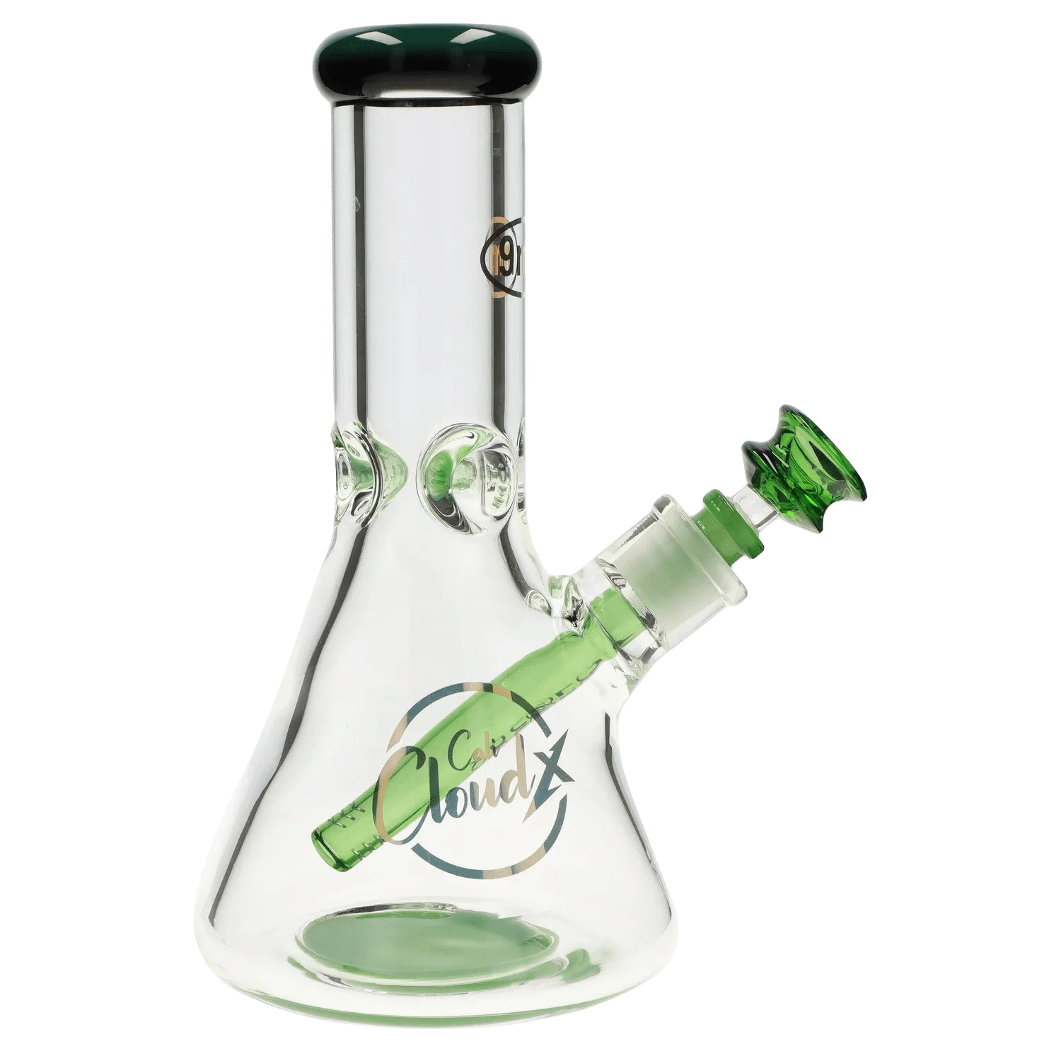 Angled close-up of the 7mm 12-inch Colored Mouthpiece Beaker showing a clear glass beaker body with green mouthpiece, downstem and bowl.