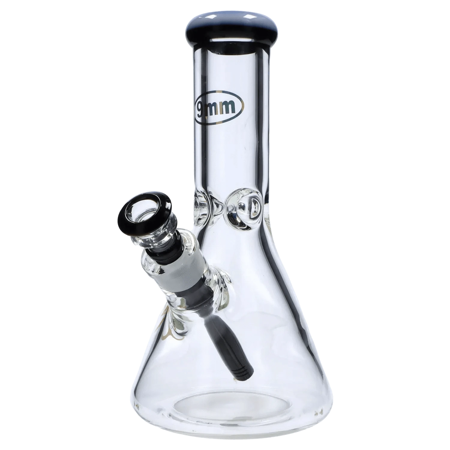 Angled close-up of the clear 7mm 12-inch Colored Mouthpiece Beaker showing its black-rimmed mouthpiece and downstem from a low front view
