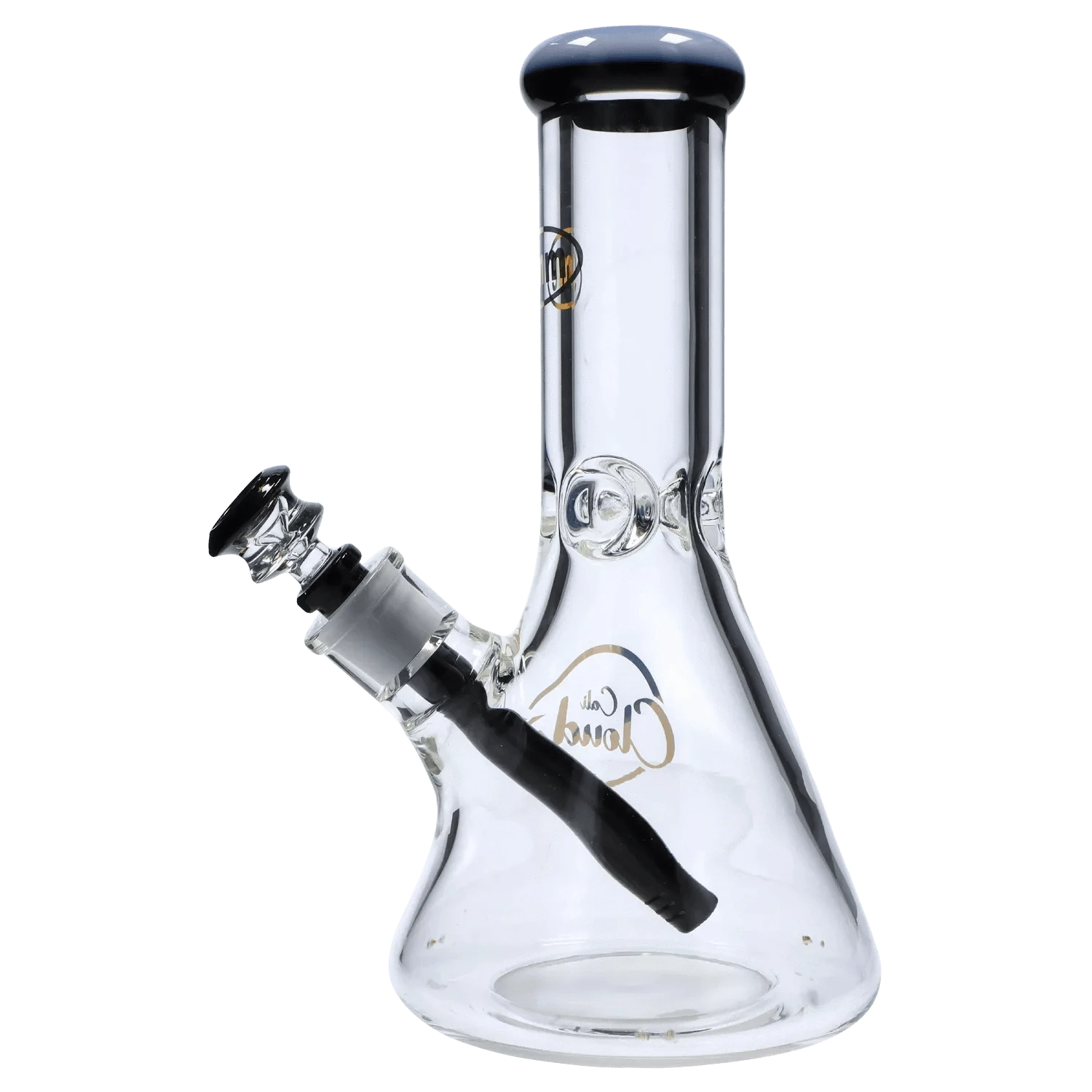Angled close-up of the 7mm 12-inch Colored Mouthpiece Beaker showing its clear glass beaker base, black mouthpiece rim, and slanted downstem.