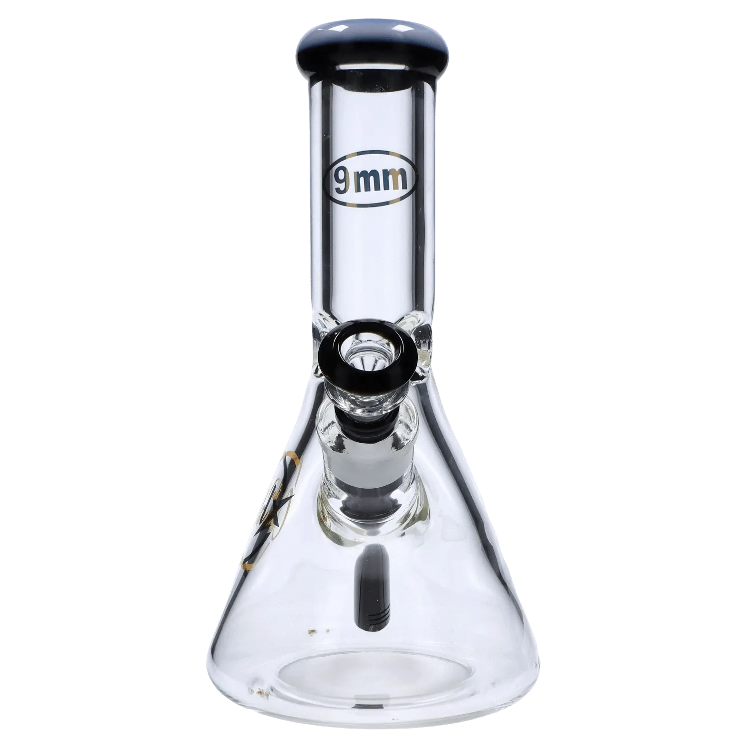 Front-facing close-up of the 7mm 12-inch Colored Mouthpiece Beaker showing its clear glass body, black-rimmed mouthpiece and bowl, and tapered beaker base