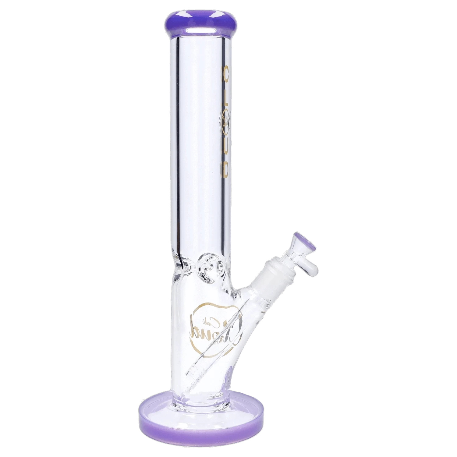 Angled front view of the 9mm 16-inch Straight Tube Bong showing clear glass with purple-rimmed mouthpiece and base against a white background