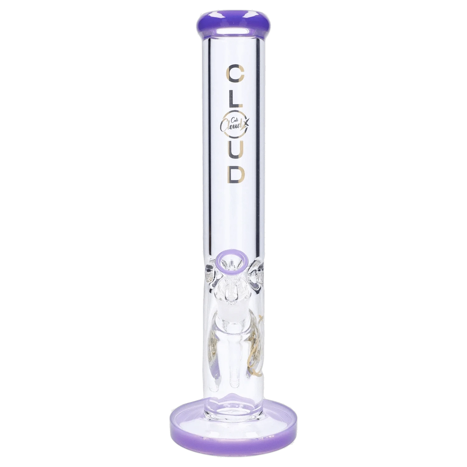 Front view of the 9mm 16-inch Straight Tube Bong showing its clear glass tube with purple-rimmed mouthpiece and base.