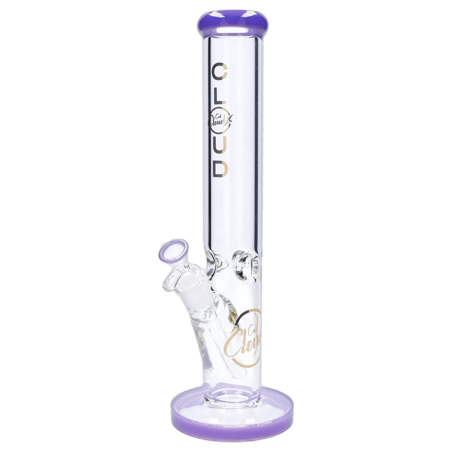 Straight-on view of the 9mm 16-inch Straight Tube Bong showing its clear glass tube with purple-rimmed mouthpiece and base.