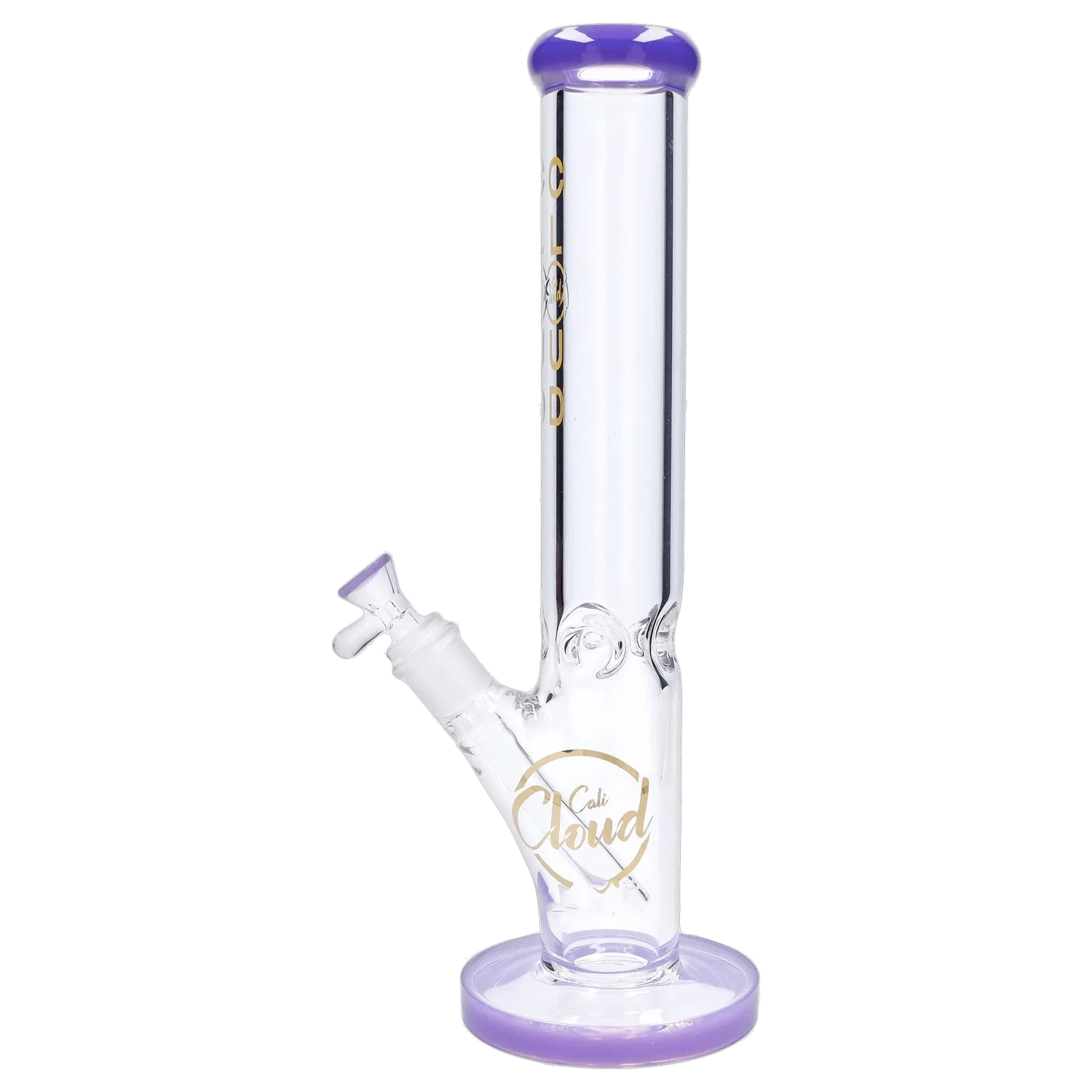 Straight-on view of the 9mm 16-inch Straight Tube Bong showing clear glass with purple-rimmed mouthpiece and base and a tilted downstem.