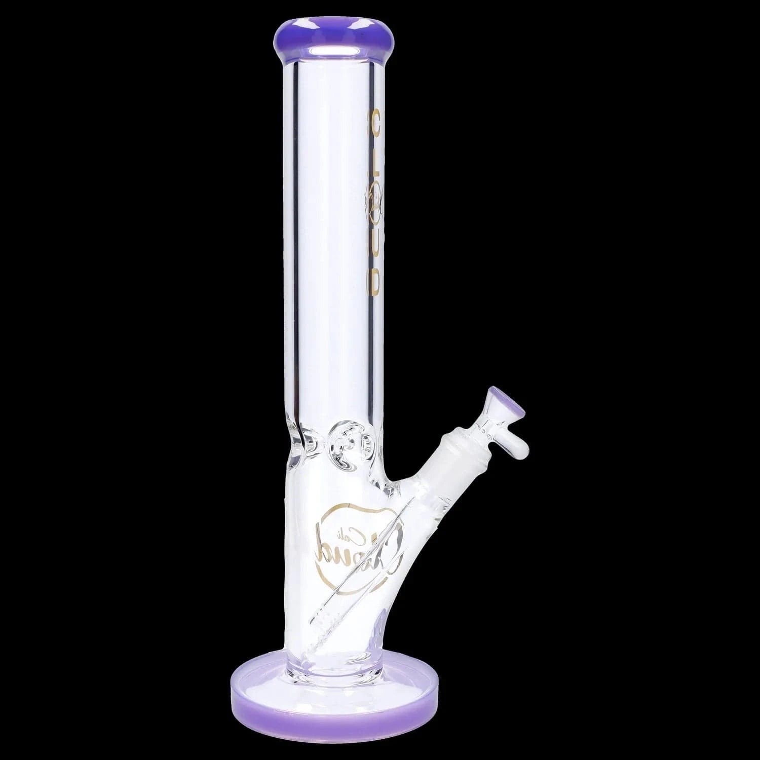 Front view of the 9mm 16-inch Straight Tube Bong showing its clear glass tube with lavender-rimmed mouthpiece and base against a black background