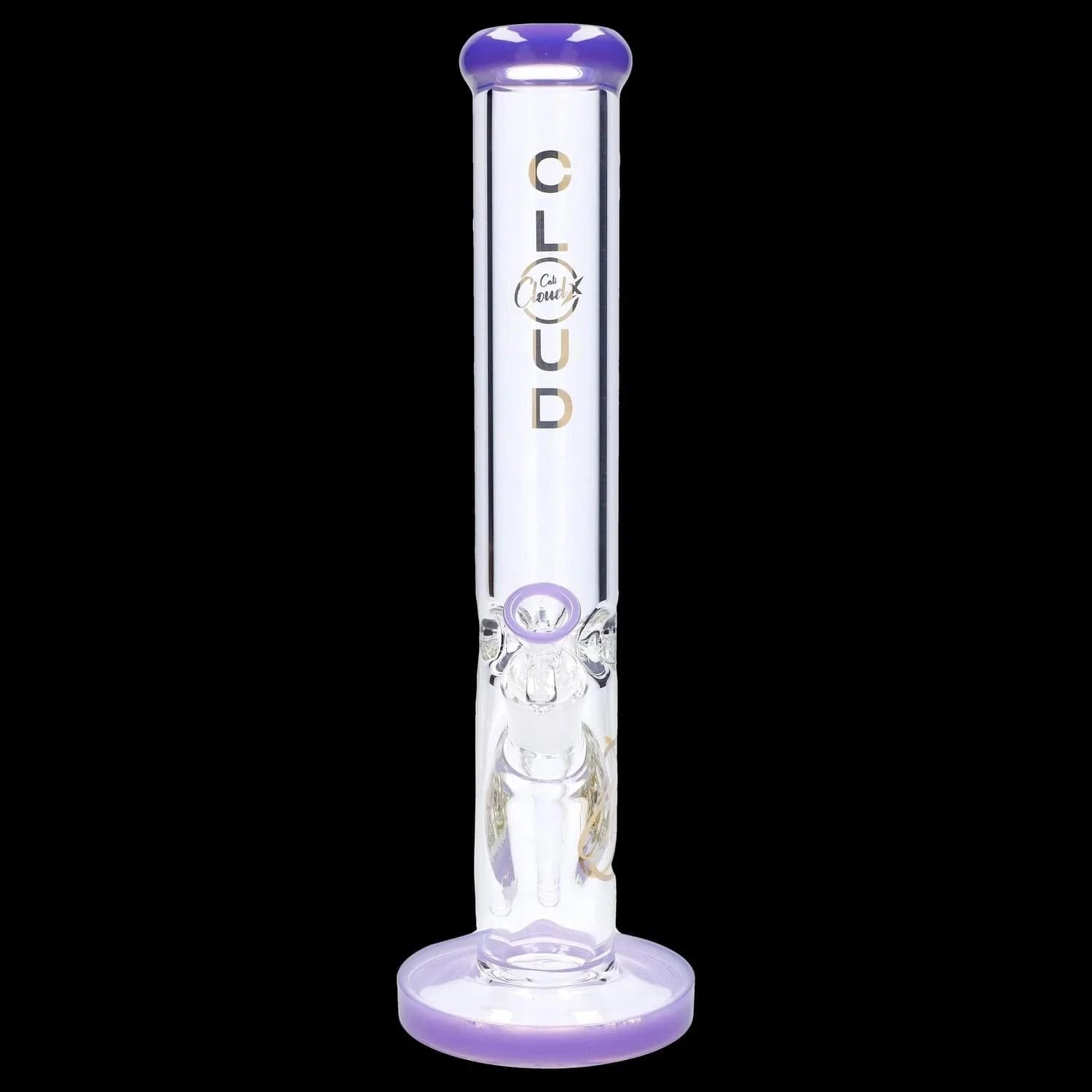 Centered front view of the 9mm 16-inch Straight Tube Bong with a clear glass tube and lavender-rimmed mouthpiece and base against a black background