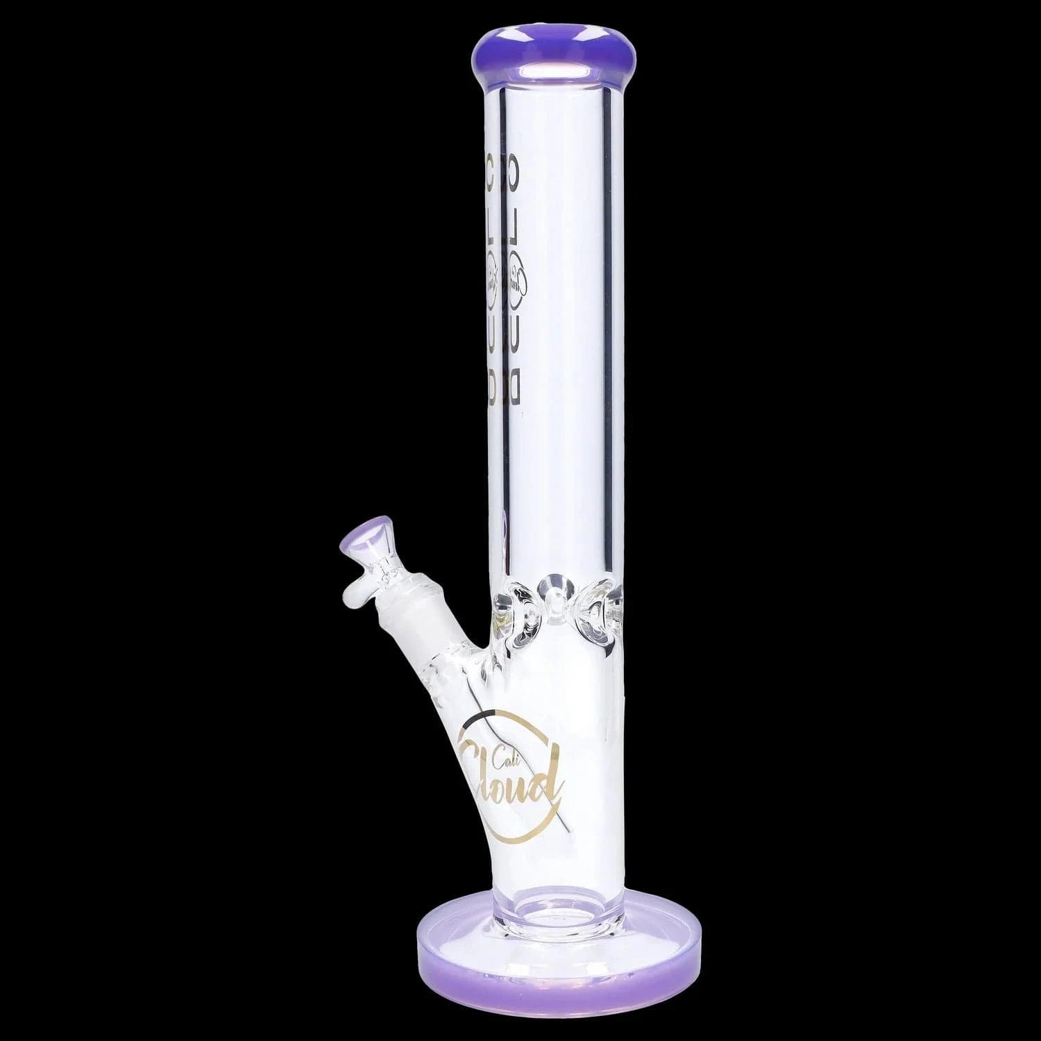 Vertical close-up of the 9mm 16-inch Straight Tube Bong showing its clear glass tube, purple-rimmed mouthpiece and base against a black background