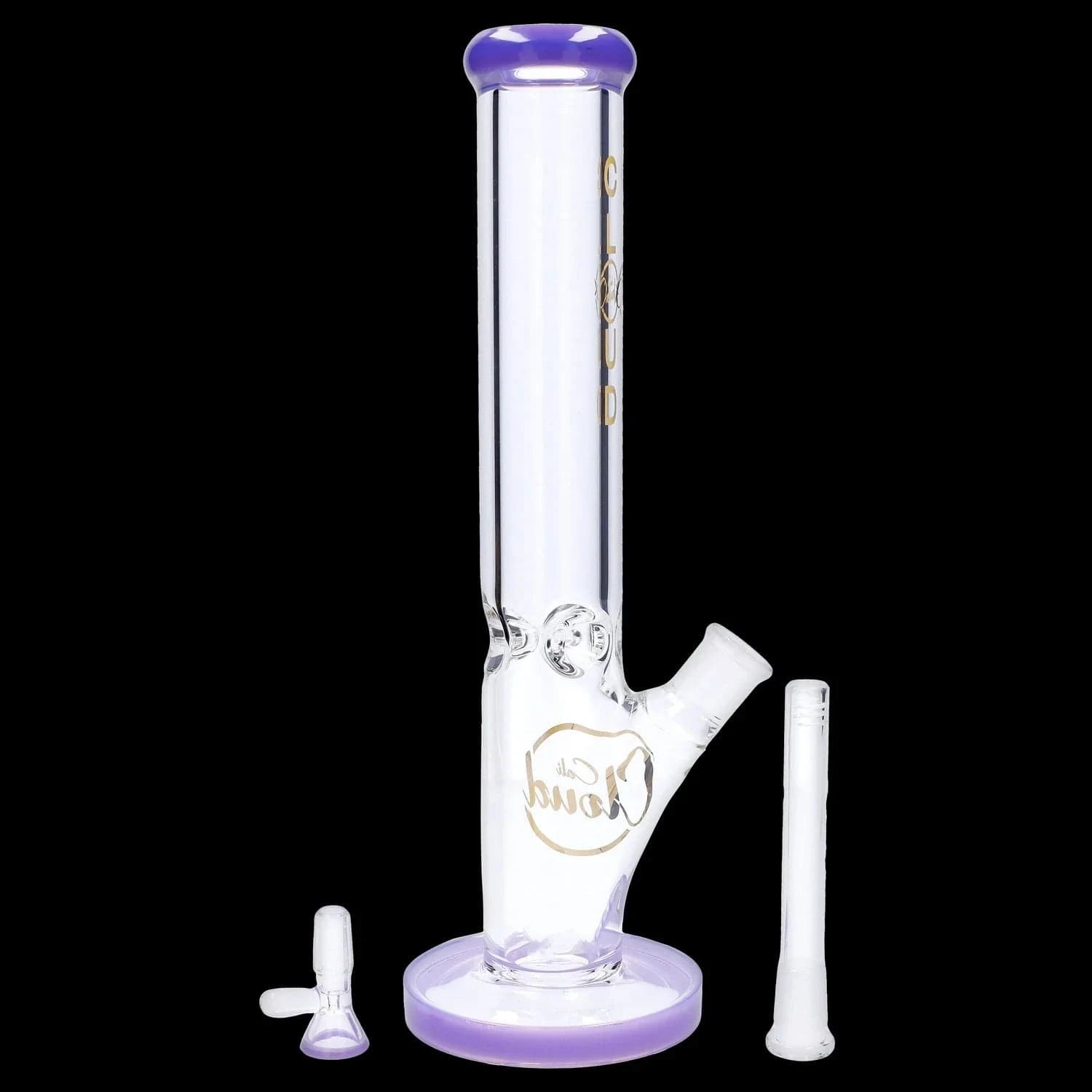 Vertical close-up of the 9mm 16-inch Straight Tube Bong showing its clear glass tube with purple-rimmed mouthpiece and base against a black background