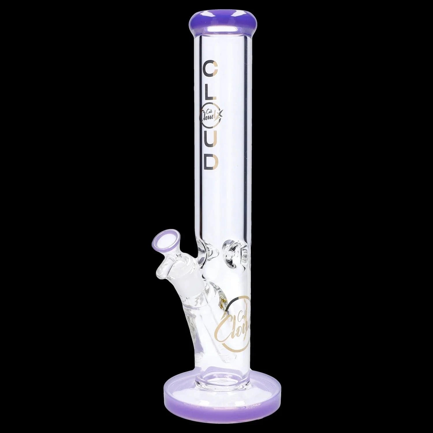Centered, vertical close-up of the 9mm 16-inch Straight Tube Bong showing its clear glass tube, purple-rimmed mouthpiece and base against a black background