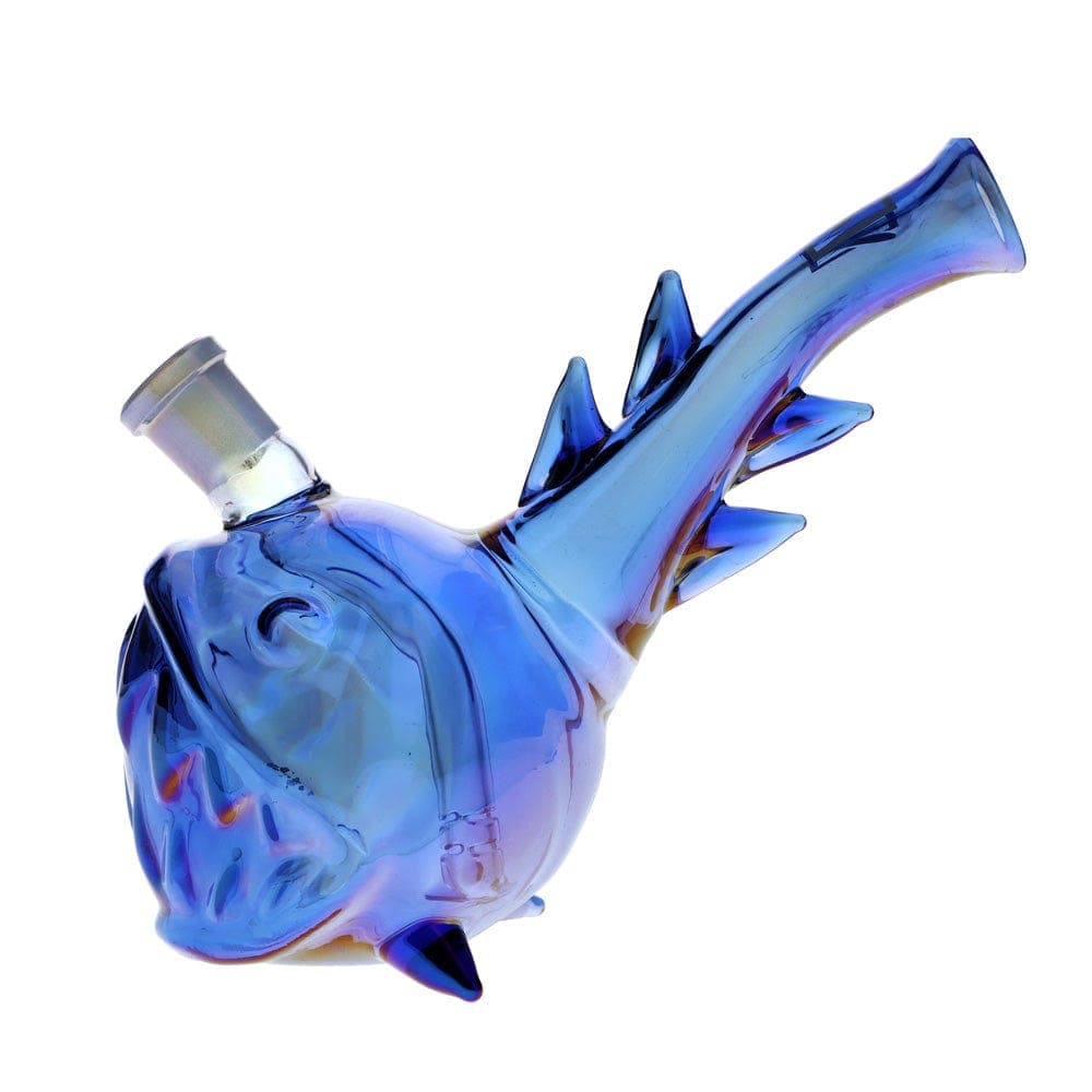 Front view of the Angler Fish Bong, a sculpted glass piece resembling a fish with a textured surface and blue tint.