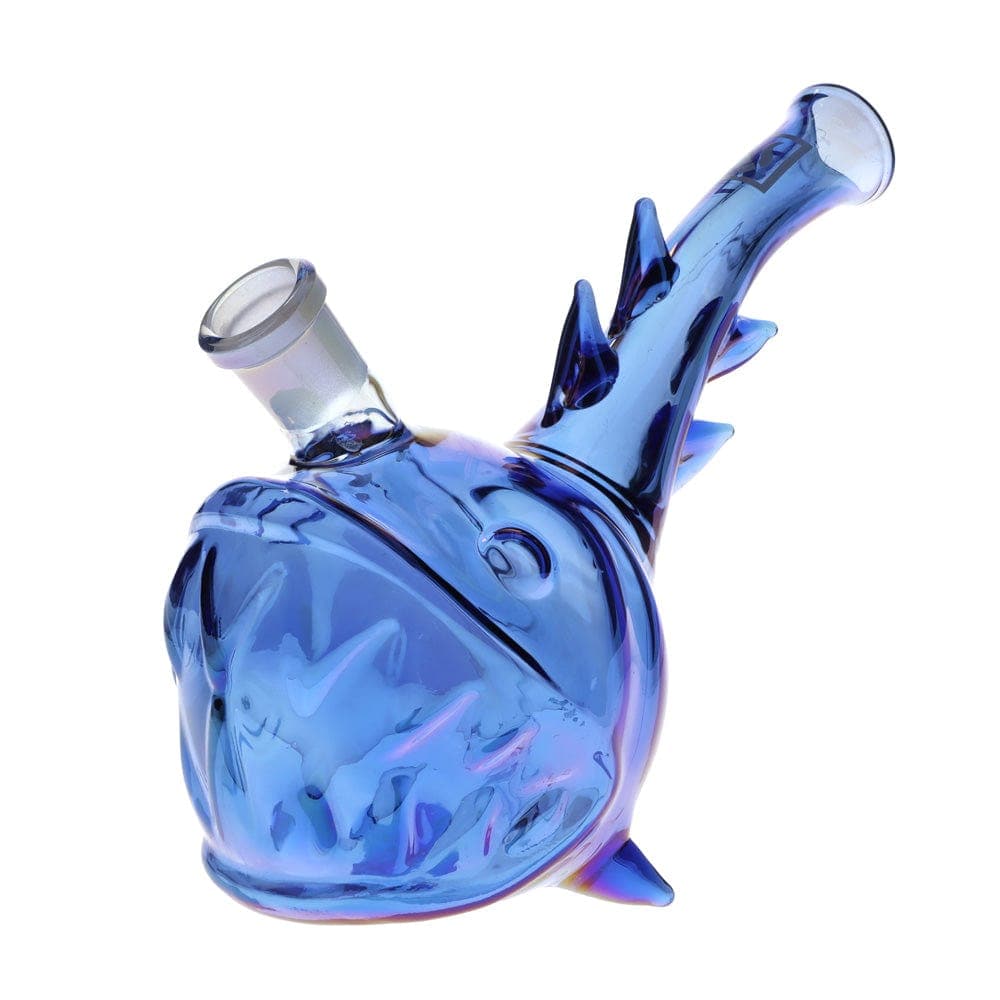 Front view of the Angler Fish Bong, a blue glass piece shaped like a fish with textured detailing.