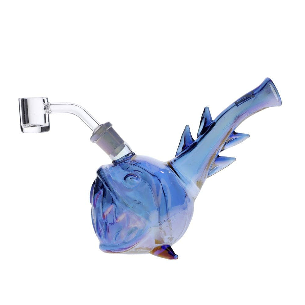 Angler Fish Bong shown in a close-up, angled view, highlighting the detailed glasswork and unique fish-shaped design.