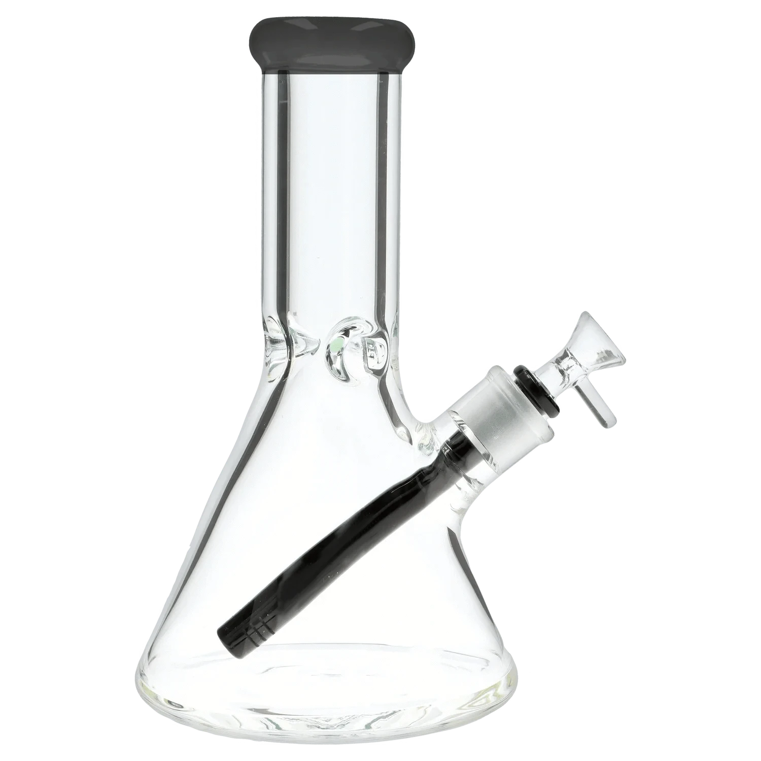 Side view of the 9mm 10-inch Flat Base Beaker Bong showing its clear glass beaker body, angled downstem, and dark-rimmed mouthpiece.