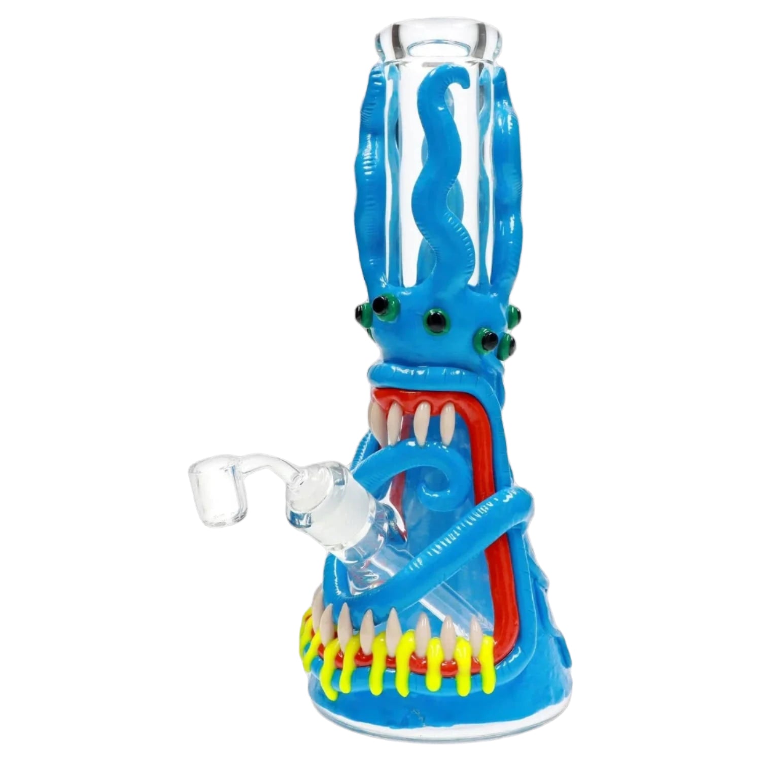 Close-up front view of the 13-inch Clay Monster Beaker Bong showing a blue glass monster head with tentacle-like neck, green eye details, and colorful teeth.