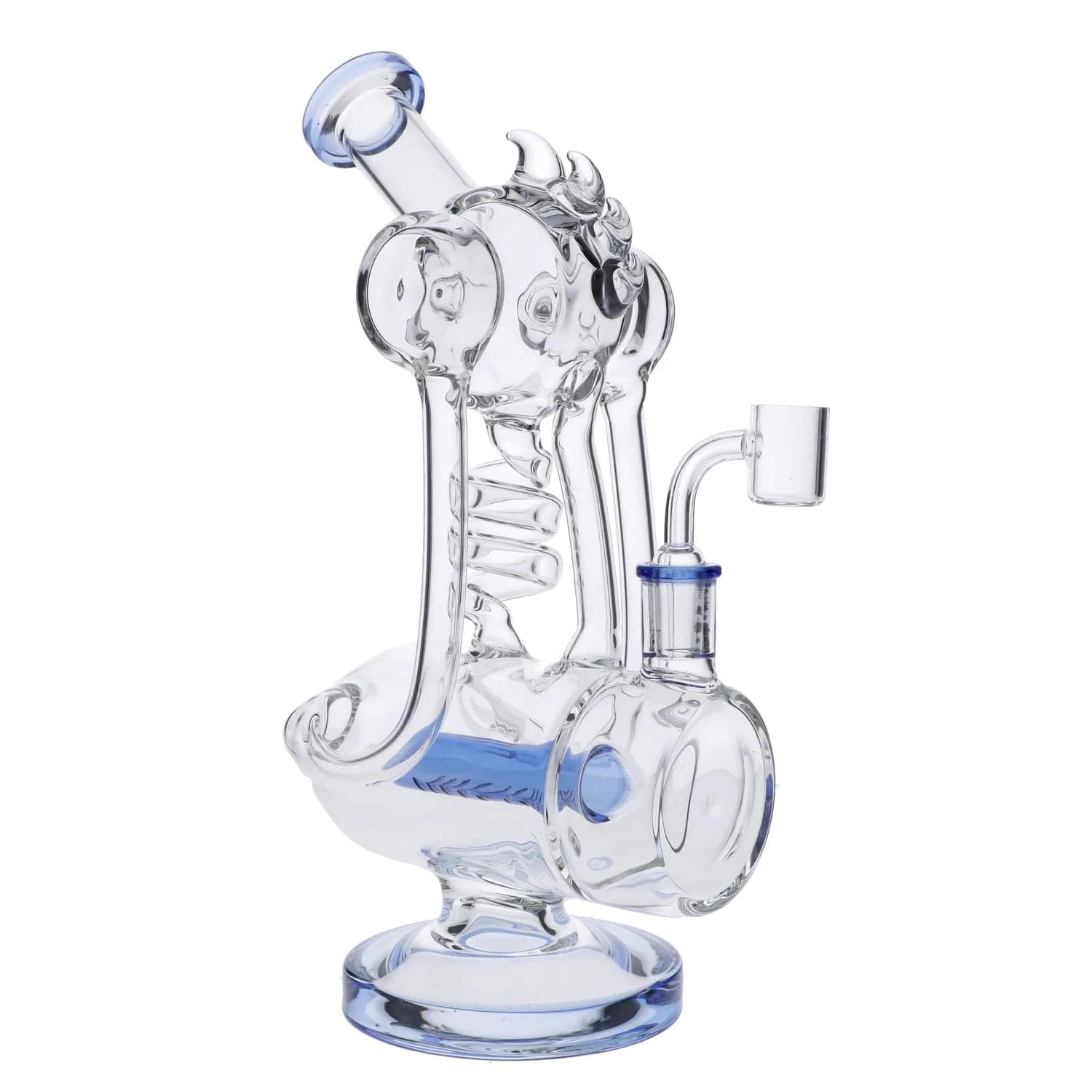A three-quarter view of the Spiky Recycler Coil Bong, showcasing its clear glass construction and coiled design against a plain white background.