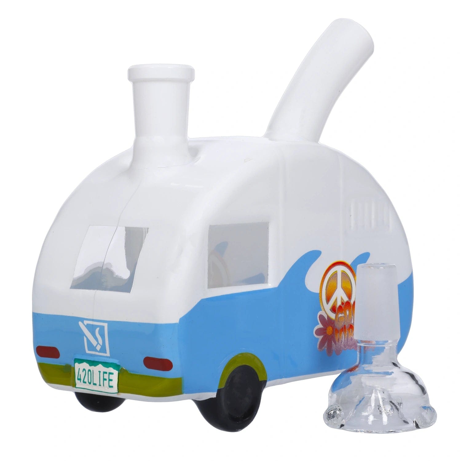 A studio shot of the DHC Originals Camper Car Bong, showcasing its playful design and clear glass construction against a white backdrop.