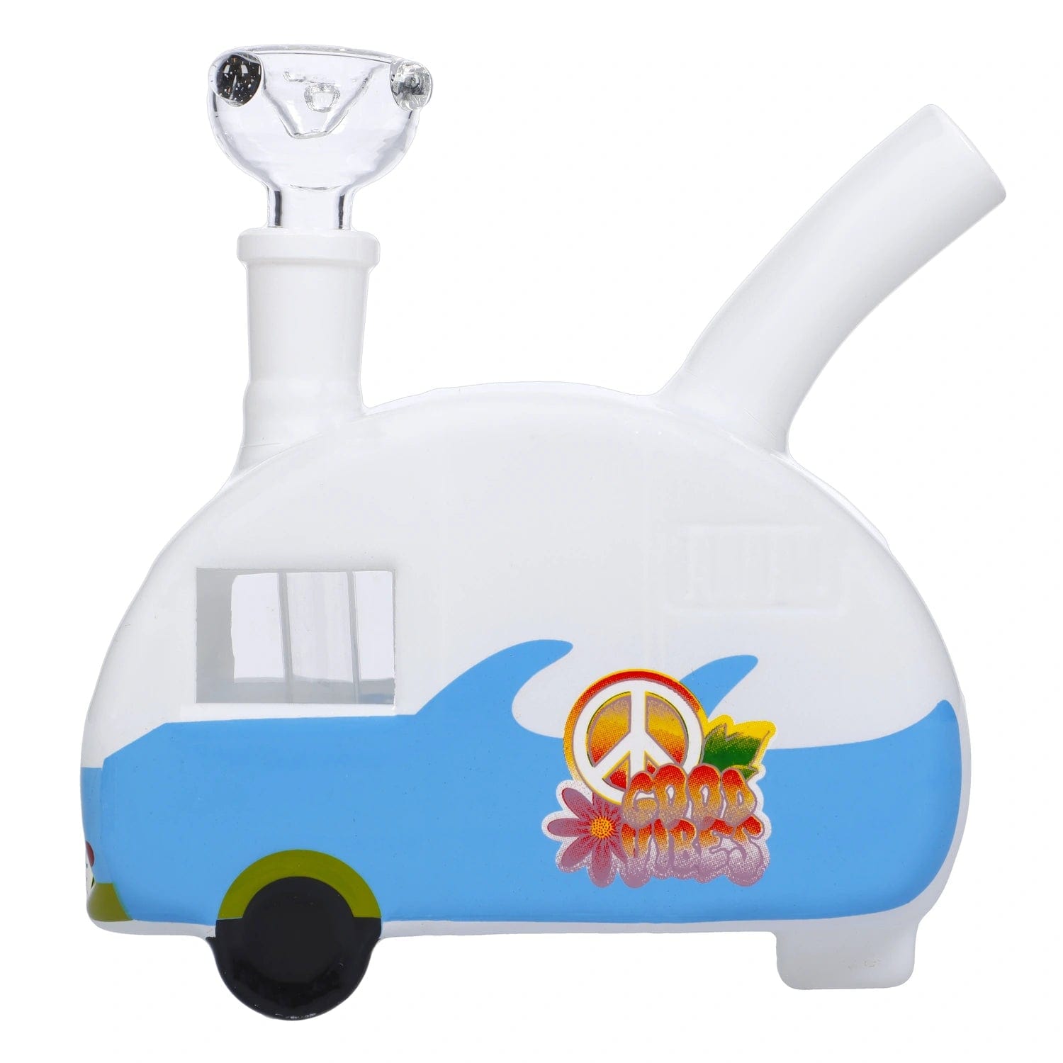 Front view of the DHC Originals Camper Car Bong, a whimsical white and blue glass piece shaped like a vintage vehicle.