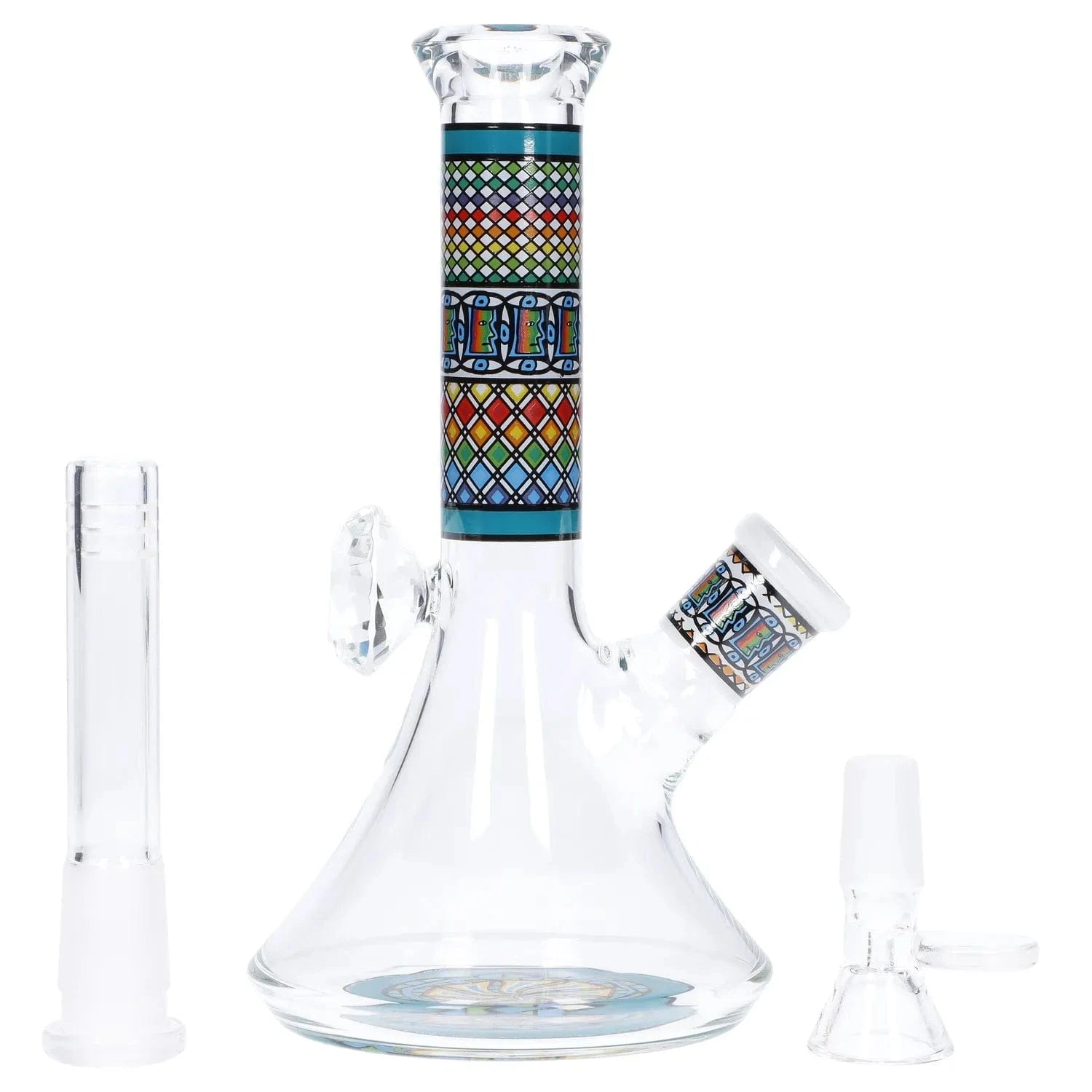 Close-up front view of the Diamond Beaker w/ Colorful Tube - 7 in. showing a clear glass beaker with a patterned teal-and-multicolor tube and matching angled joint.