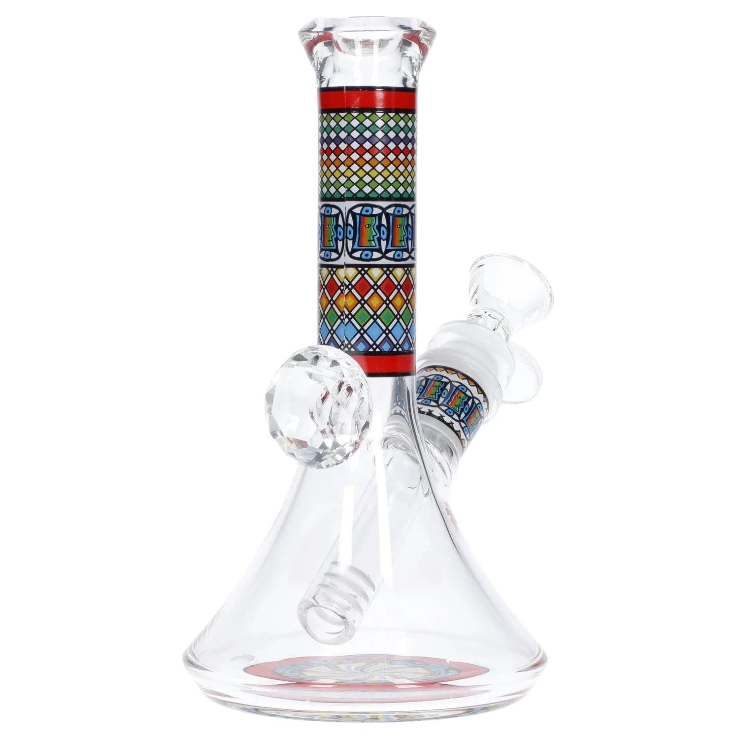Close-up front view of the Diamond Beaker w/ Colorful Tube - 7 in. showing its clear glass beaker base and a vertical colorful patterned tube with red trim.