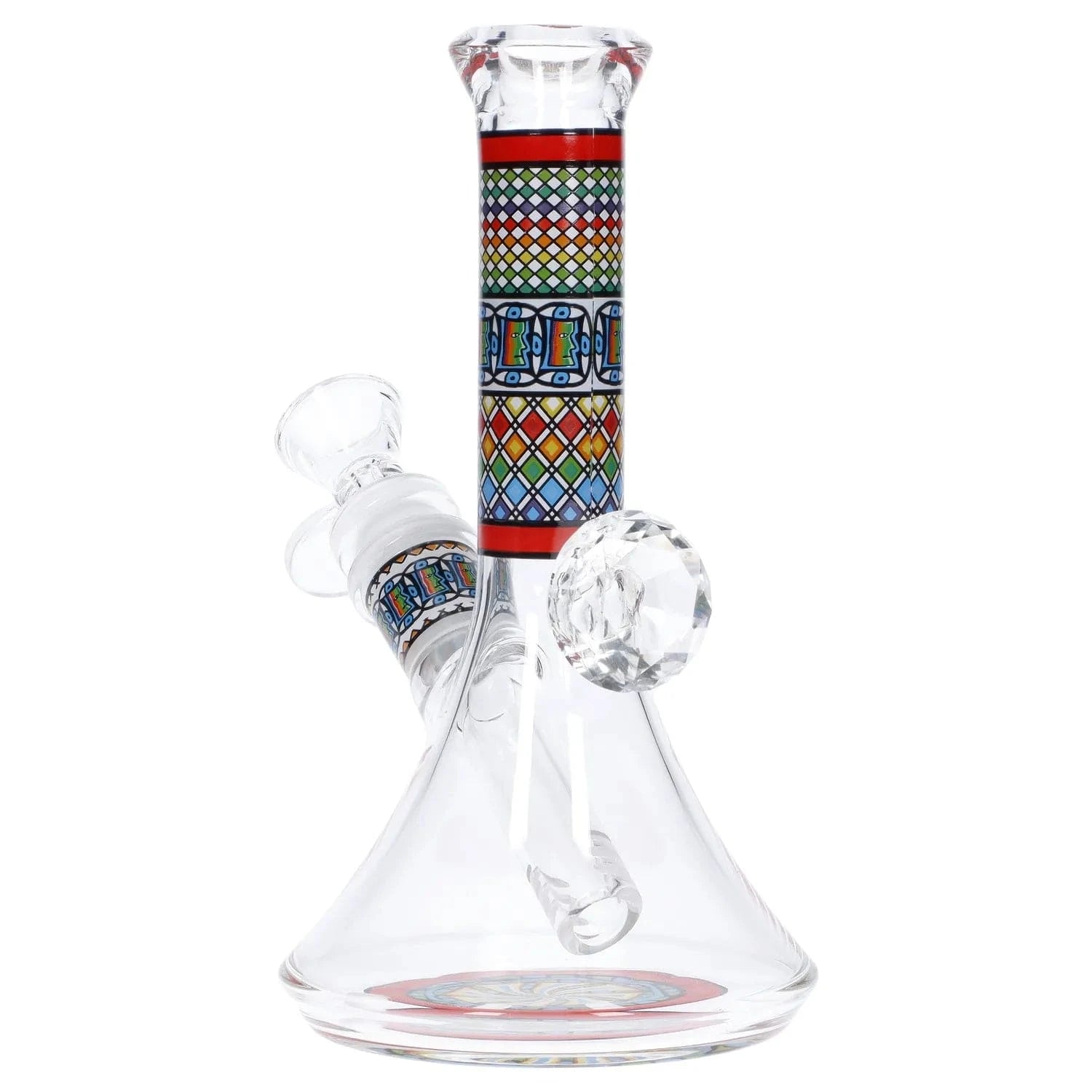 Close-up front view of the Diamond Beaker w/ Colorful Tube - 7 in. showing its conical clear glass base and a vertical colorful patterned tube with red trim.