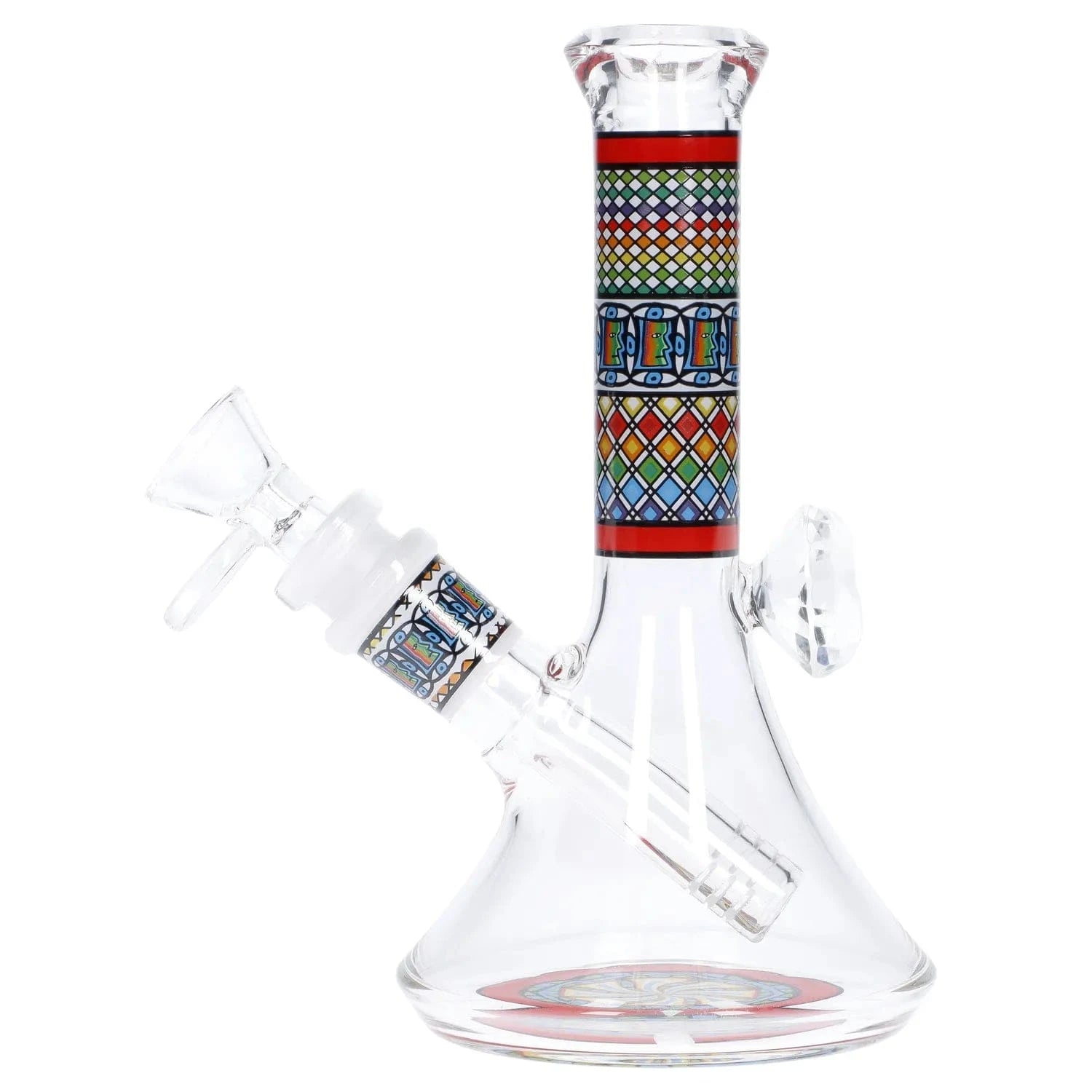 Close-up front view of the Diamond Beaker w/ Colorful Tube - 7 in. showing its conical clear glass base and a vertical tube decorated with multicolored geometric bands.