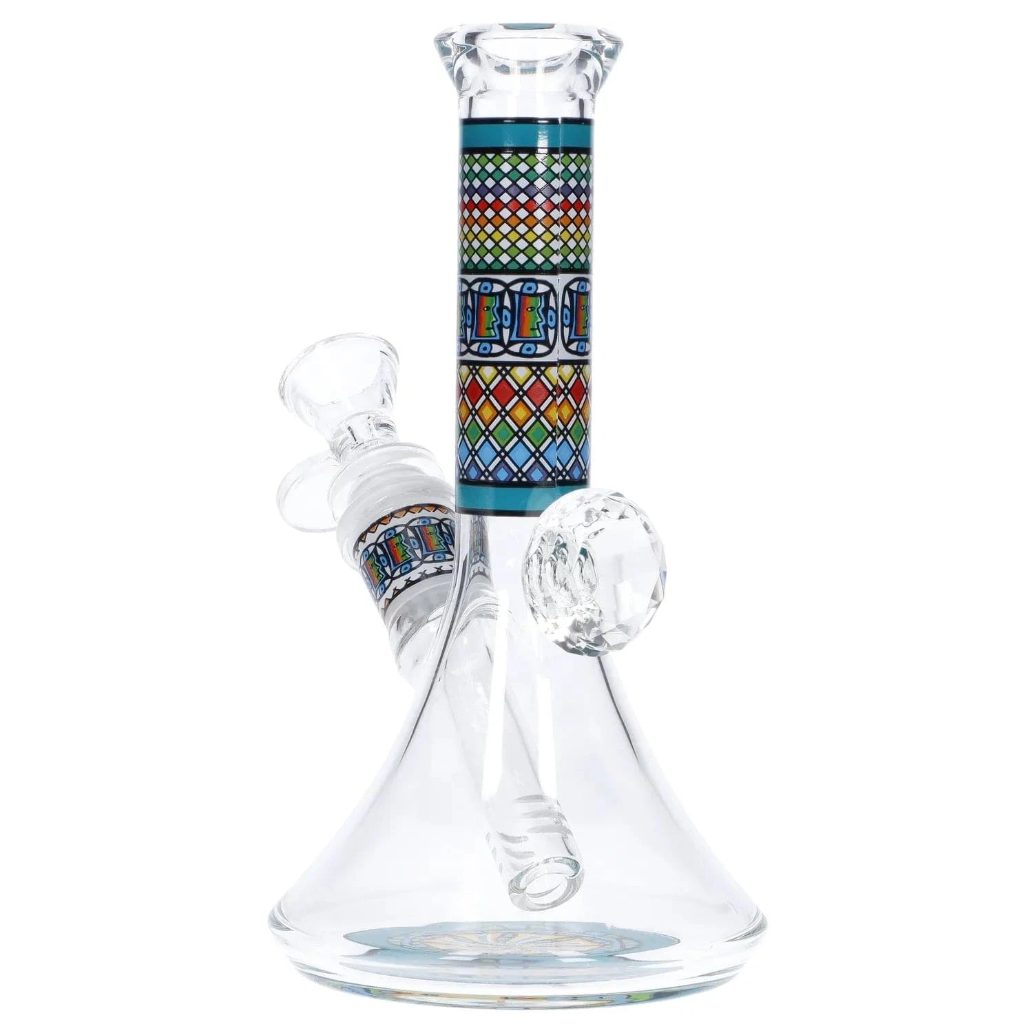 Close-up front view of the Diamond Beaker w/ Colorful Tube - 7 in. showing its clear glass beaker base and the vertical colorful patterned tube section.