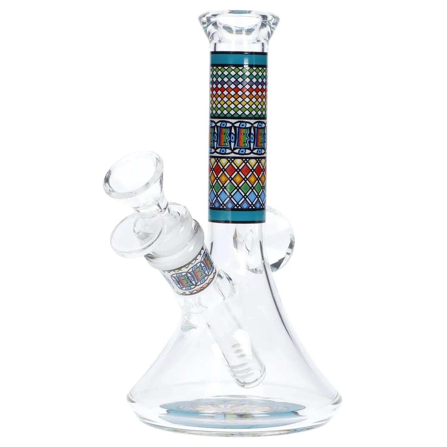 Angled close-up of the Diamond Beaker w/ Colorful Tube - 7 in. showing its patterned colorful neck band and clear glass beaker base.