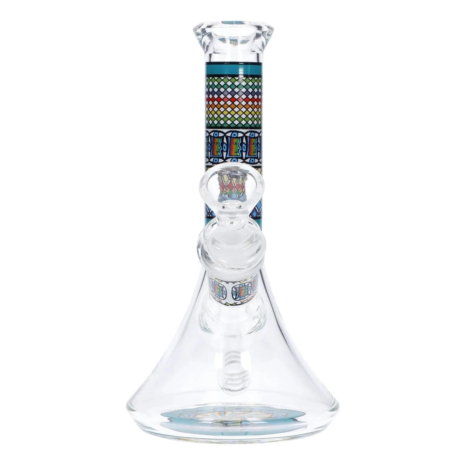 Front view of the Diamond Beaker w/ Colorful Tube - 7 in. showing the clear glass beaker base and a vertically centered colorful patterned tube.