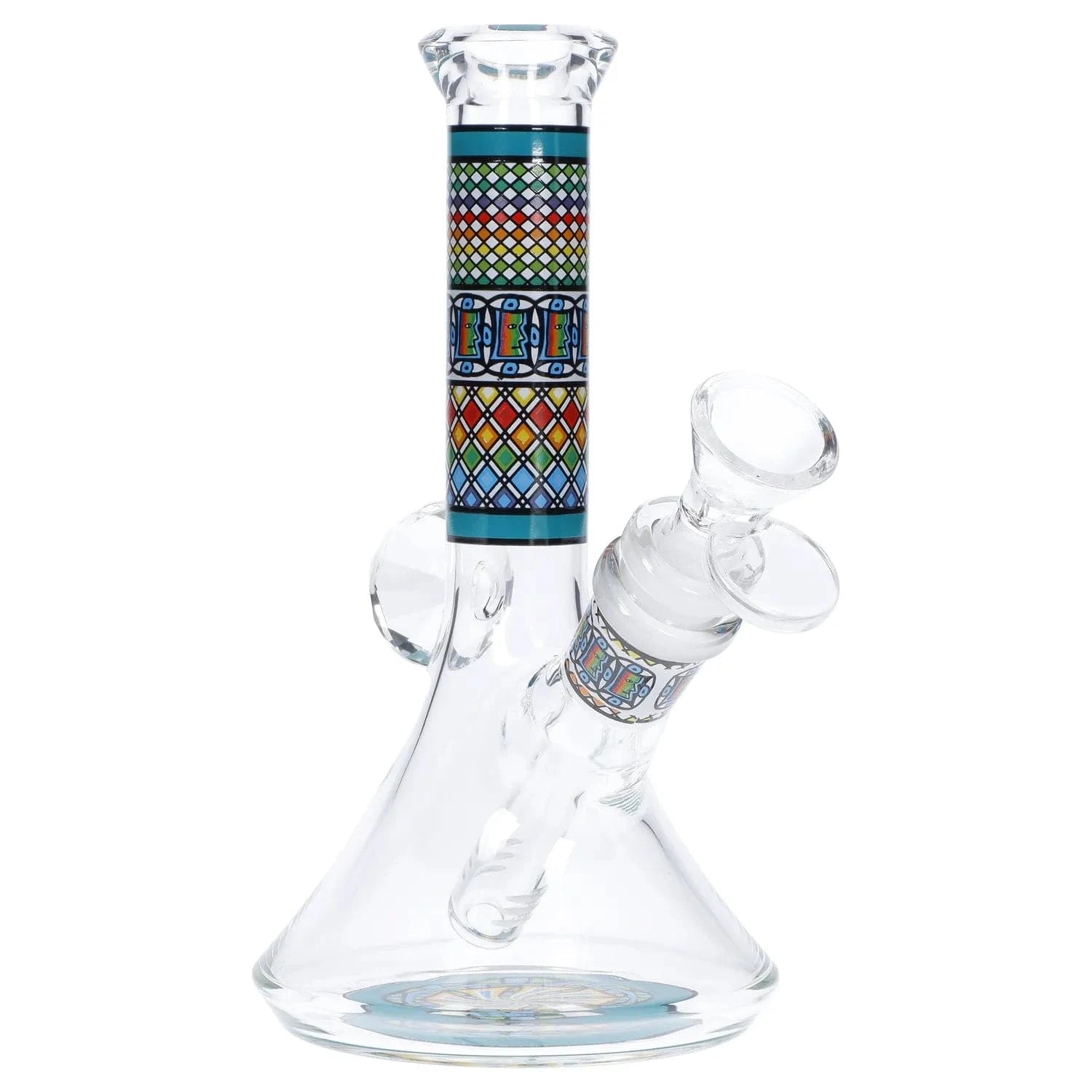 Angled close-up of the Diamond Beaker w/ Colorful Tube - 7 in. showing its clear glass body and vibrant multicolored tube pattern.