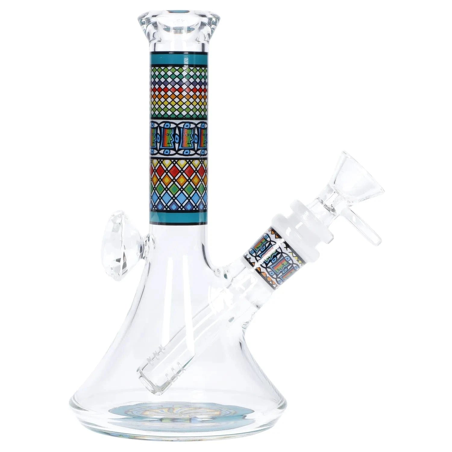 Diagonal close-up of the Diamond Beaker w/ Colorful Tube - 7 in. showing its clear glass beaker base and colorful patterned straight neck and joint bands.
