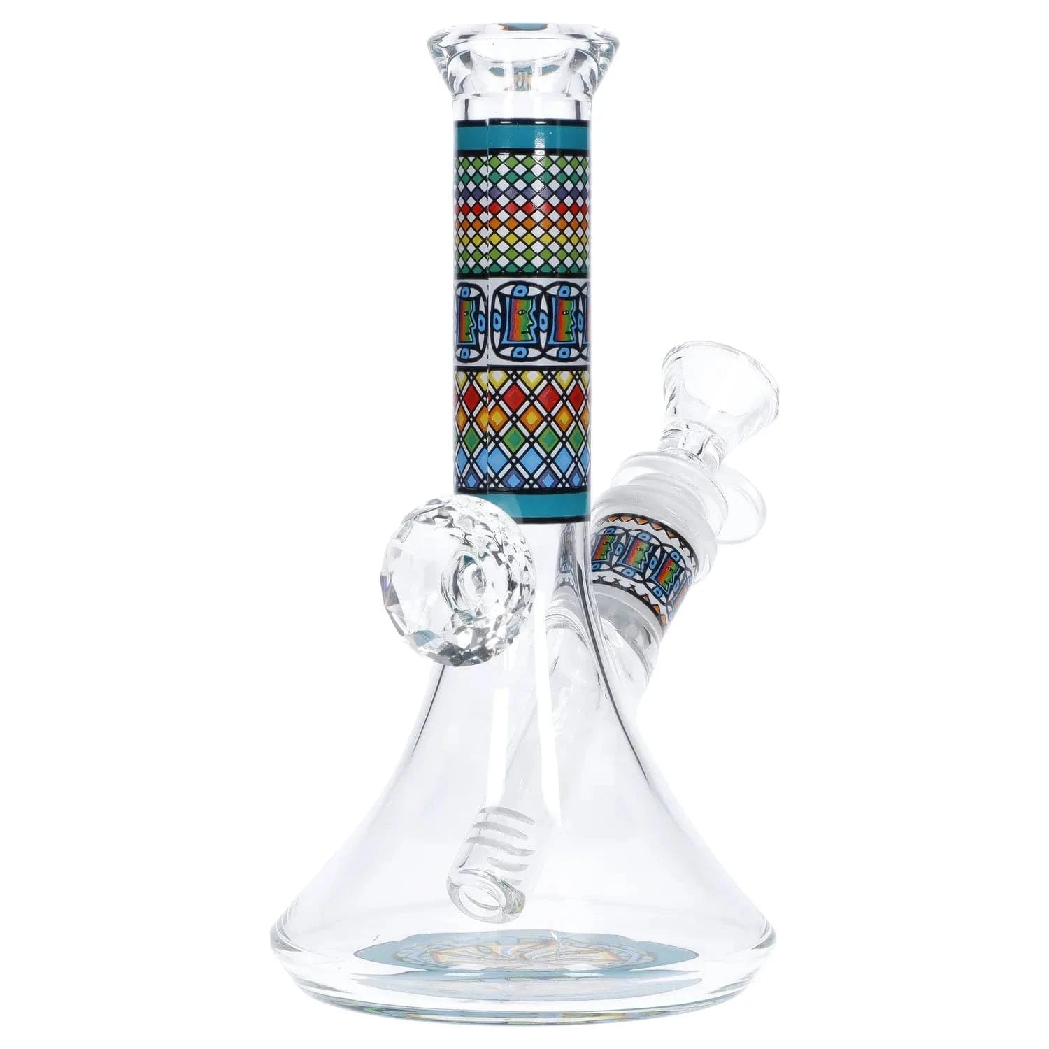Front view of the Diamond Beaker w/ Colorful Tube - 7 in. showing a clear glass beaker body with a vertical colorful patterned tube and angled downstem against a white background