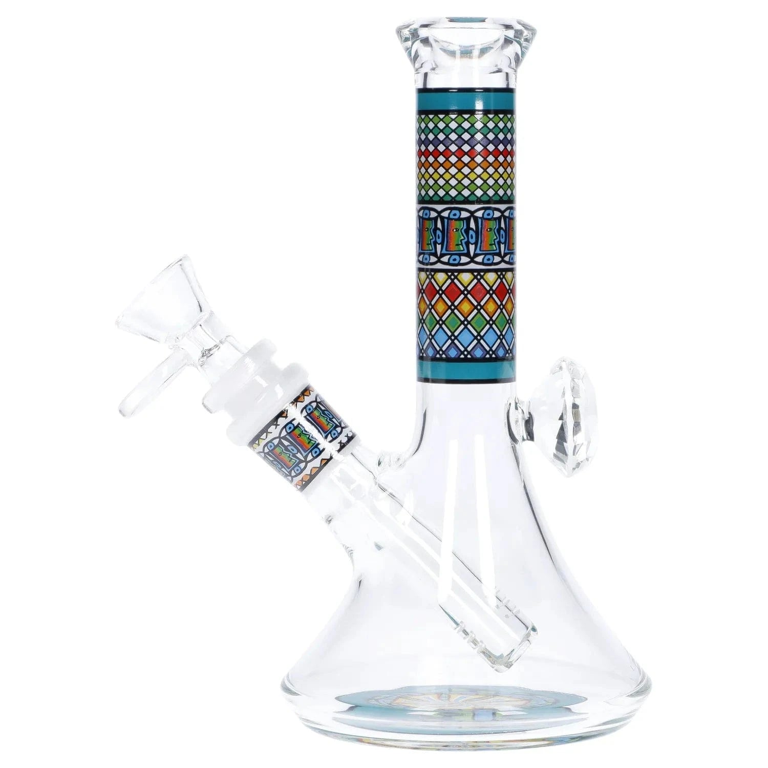 Angled close-up of the clear Diamond Beaker w/ Colorful Tube - 7 in. showing its patterned multicolored neck band and beaker base on a white background